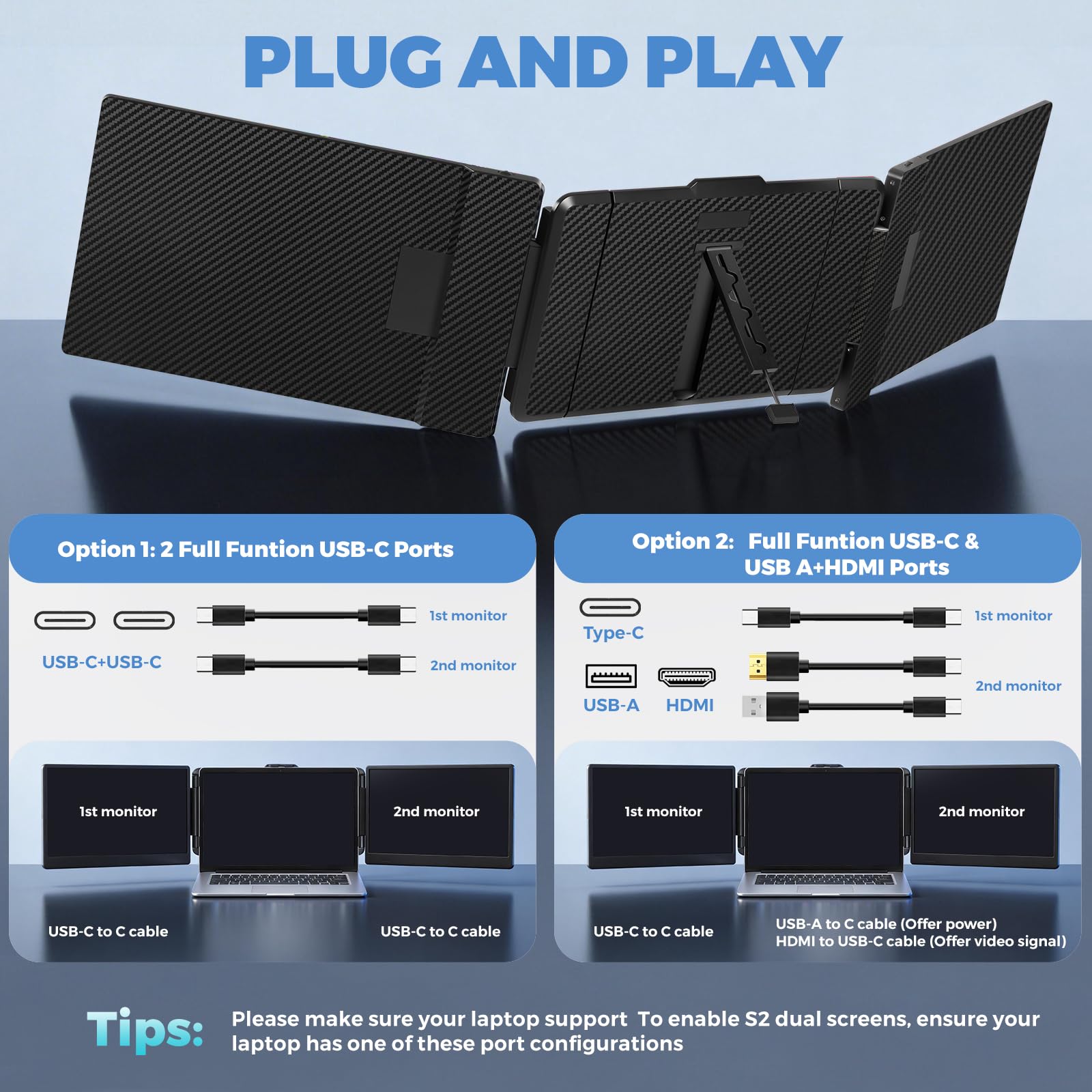 JoyReal Laptop Screen Extender, 14" FHD 1080P IPS Portable Monitor for Laptop, Triple Screen Extender Monitor USB-C/HDMI Plug-Play for Windows, Mac, Fit 13"-17.3" Laptops — view 6