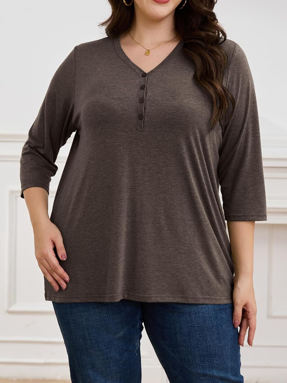 ZDC Women's Plus Size Tops 3/4 Sleeve V Neck T Shirts Button Down Basic Tunic - Image 4
