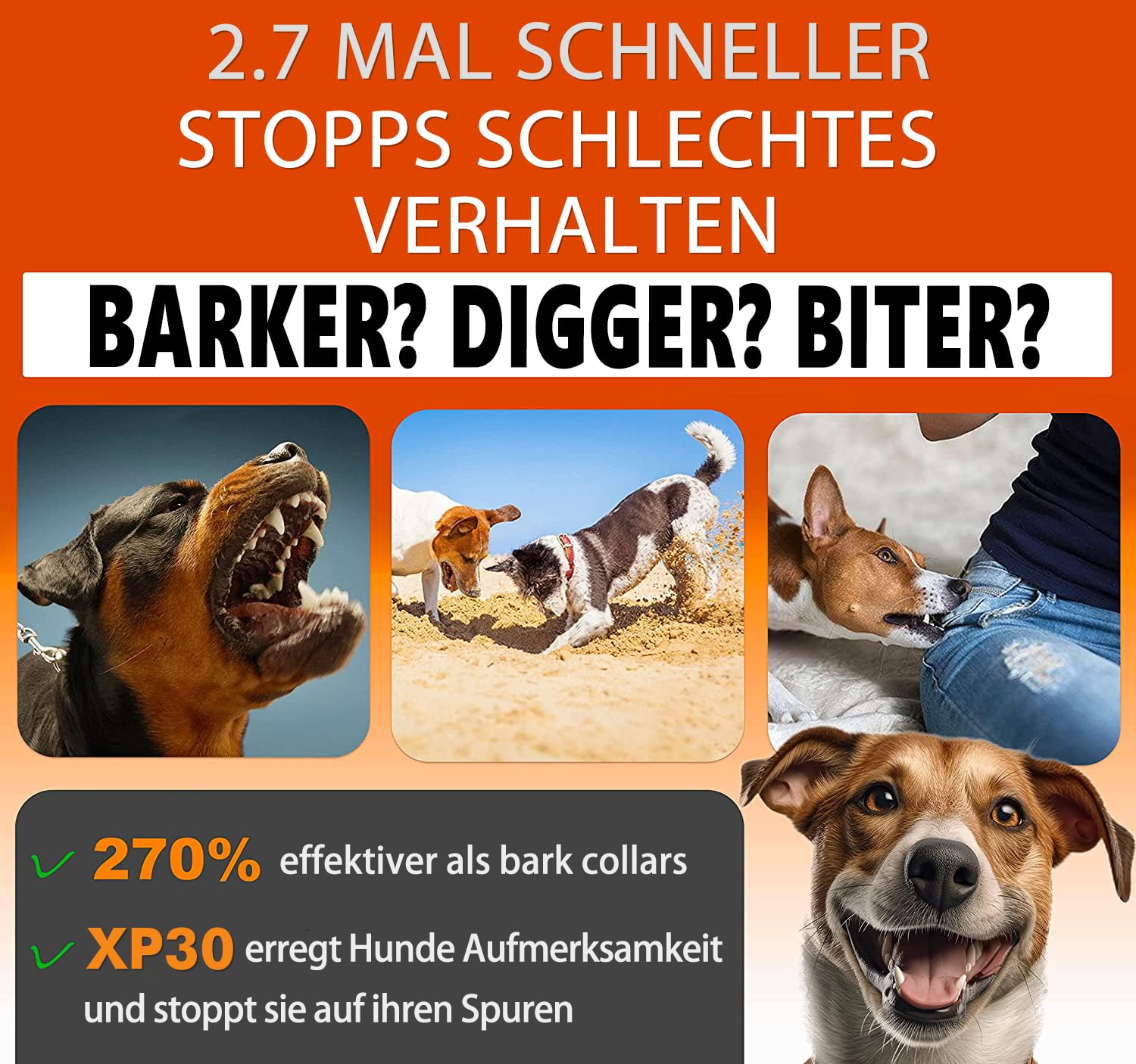 Anti Bell Gerät Hunde, 3X Ultraschall Hundegebell Stopper, 15m Reichweite, Tragbares Antibell Ultraschall Gerät mit LED-Taschenlampe für Kleine Große Hunde Innen Außenbereich Hund (Orange)
