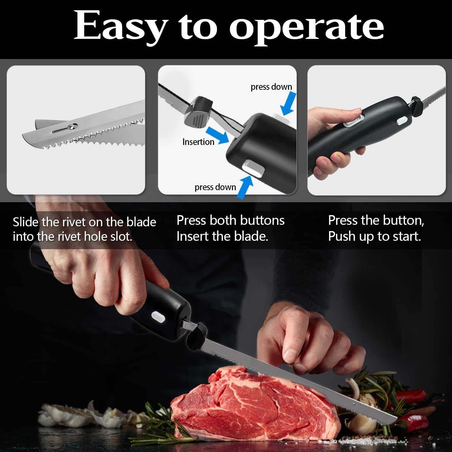 Cordless Electric Knife -with 2 Versatile Blades, Rechargeable Bread & Meat Knife with Safety Lock, Ergonomic Handle, for Steak, Fish, Cheese for Cutting Board (Grey Button)