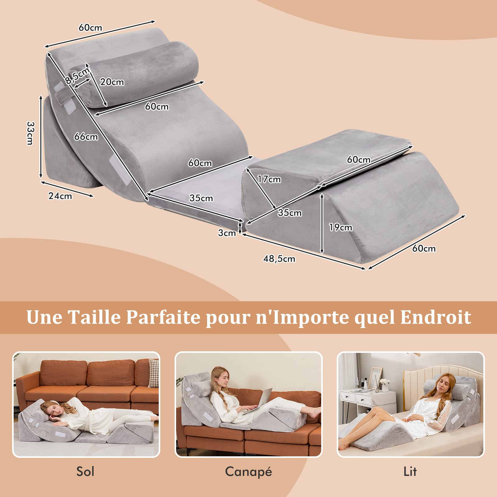 COSTWAY Ensemble de 6 Oreillers Compensés en Mousse à Mémoire, Oreiller de Lecture avec Appuie-tête Amovible et Coussin Jambes Surélevé pour Post Opératoire, Grossesse, Gris