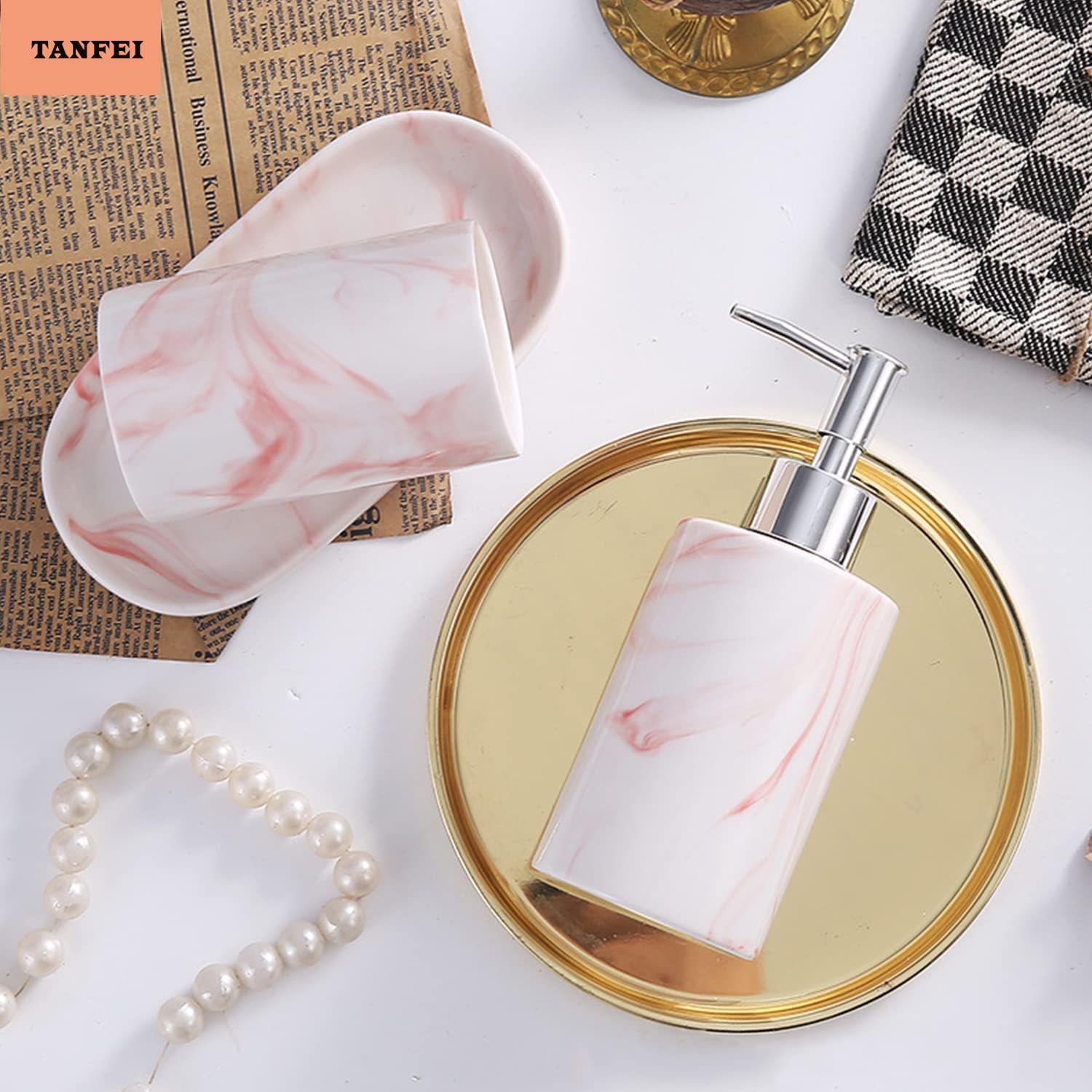 Portasapone, dispenser di sapone liquido, tazza per spazzolino da denti, set di accessori da bagno in marmo e ceramica (rosa)