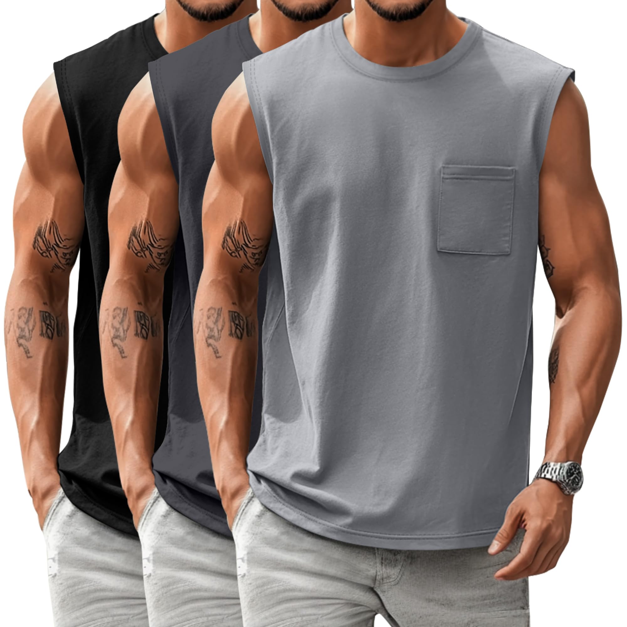 Huukeay 3 Pack Cotton Men's Big and Tall Sleeveless Tank Tops Muscle Shirts Gym Workout Casual Tees with Pocket