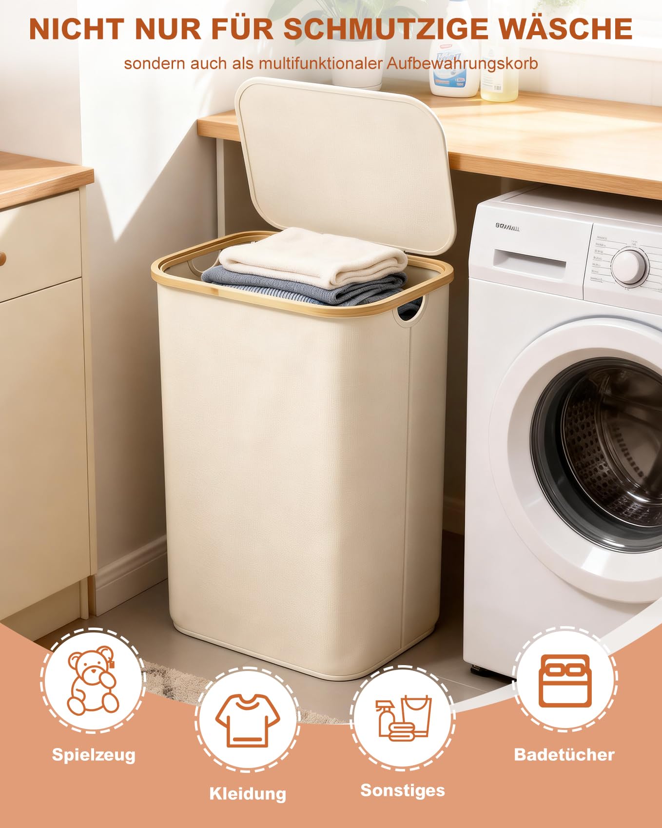 Ribelli Cesto portabiancheria pieghevole da 85 litri, con coperchio e sacchetto rimovibile, per lavanderia, bagno, camera da letto, crema