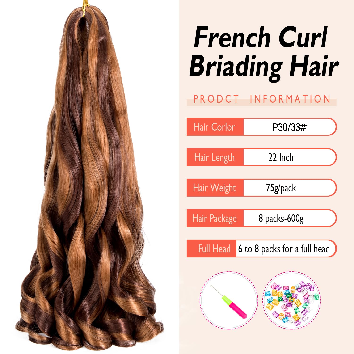 8 Packs French Curly Braiding Hair 22 Inch Pre Stretched Braiding Hair Loose Wave Spiral Curl Braids Crochet Hair with Curly Ends for Black Women by Originea (P33/30#)