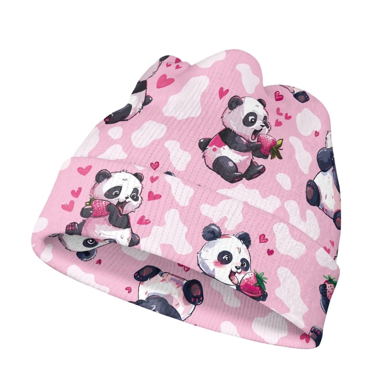 Suhoaziia Cute Panda Cow Print Kids' Knit Beanie Watch Hat Kids Baby Toddler Thick Knit Children’s Double Layer Winter Hat for Girls, Pink