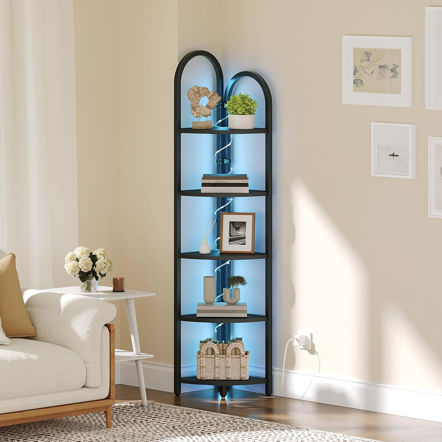 5-Tier Corner Shelf and 64.6'' Arched Corner Bookshelf Bundle, Small Plant Stand, Narrow Storage Shelf with Metal Frame, for Living Room, Bedroom, CSBK5501-CSBK55101