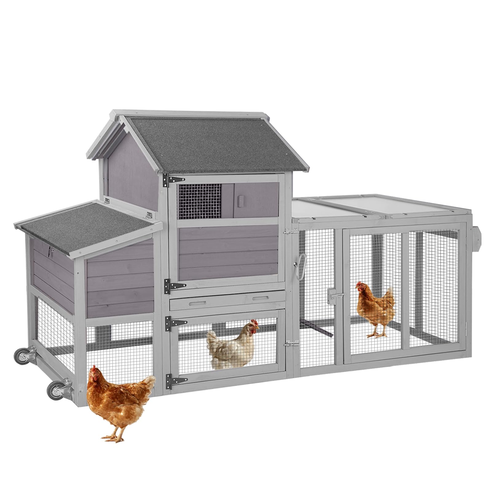 Mobile Chicken Coop with Wheels for 4-6 Chickens, Large Wooden Hen House Duck Cage with Run, Nesting Box, Easy Clean Pull-Out Tray, Waterproof Asphalt Roof - Grey, 78" L x 27.6" W x 45" H
