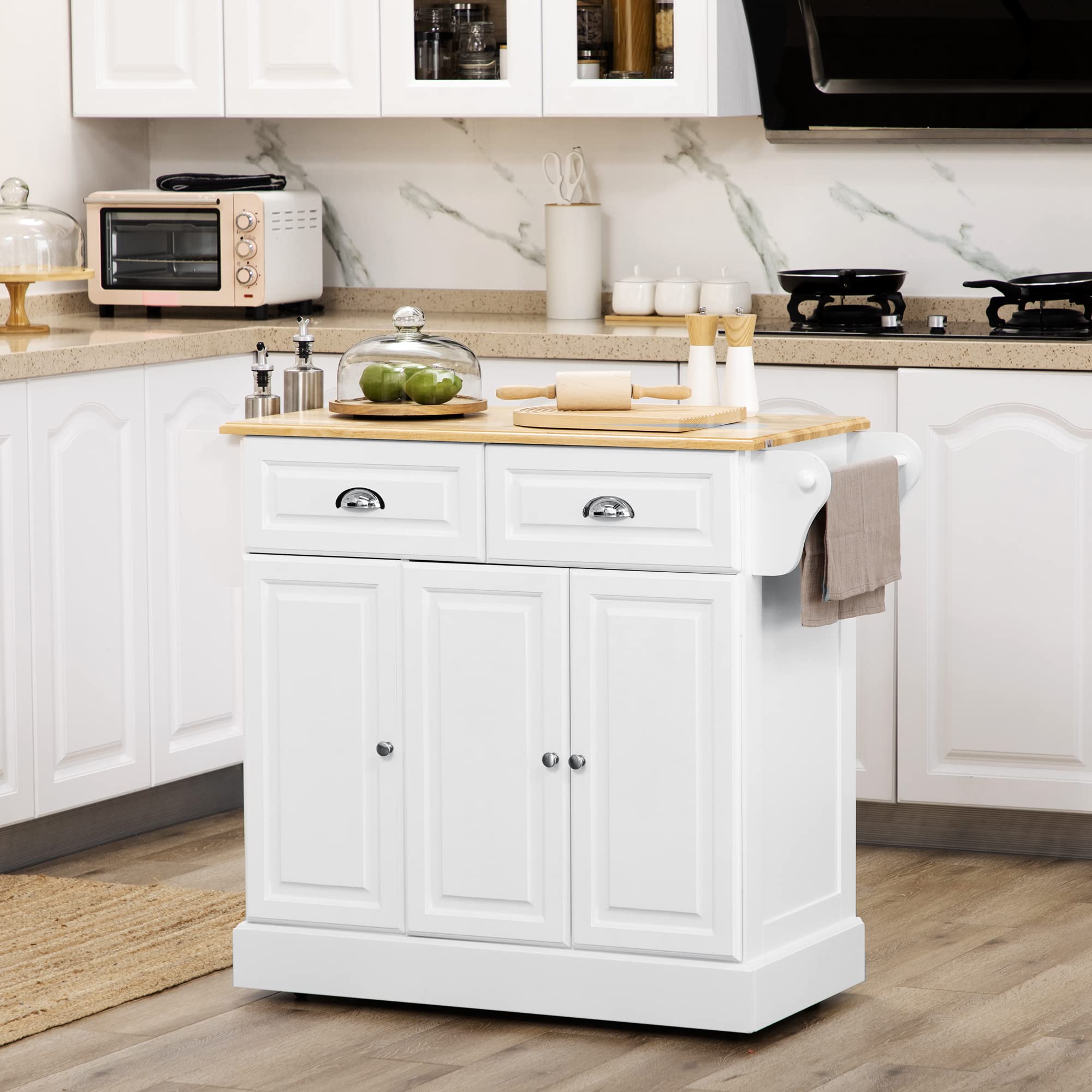 HOMCOM Ilot de Cuisine Chariot de Cuisine à roulettes Desserte Polyvalent avec 2 tiroirs 3 Portes Porte-Serviettes et Porte-épices pour Salle à Manger dim. 110L x 45l x 91H cm Blanc
