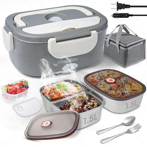 Miniatura 14 de Fiambrera eléctrica de 80 W con controlador de tiempo de calefacción, calentador de alimentos portátil de 1.5 L para adultos/hombres/trabajo, 12