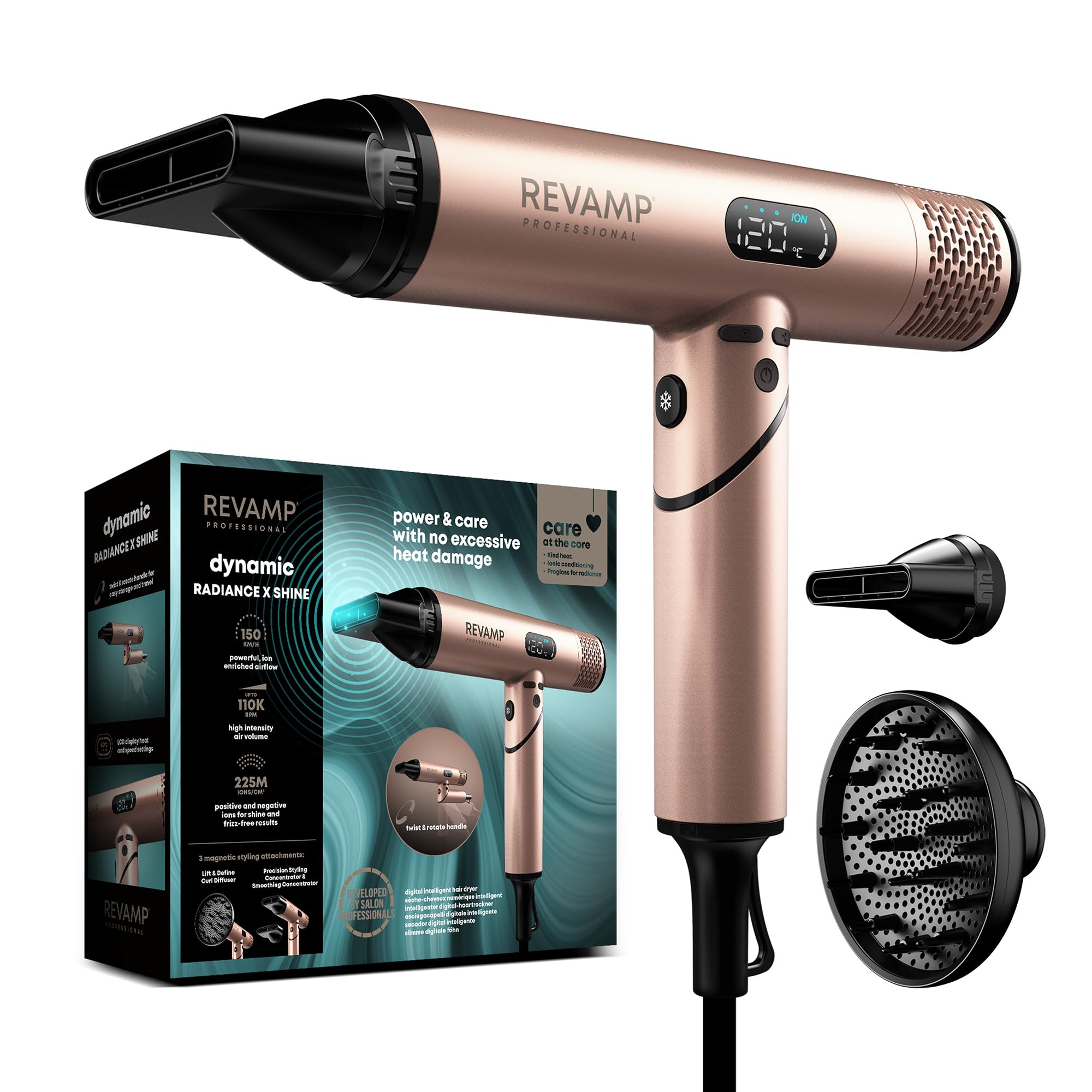 REVAMP Dynamic Radiance X Shine Seche Cheveux Ionique Professionnel - Moteur Digital Intelligent pour un Séchage Rapide, Sèche-Cheveux Diffuseur, Léger, Portable - 3 Accessoires Magnétiques