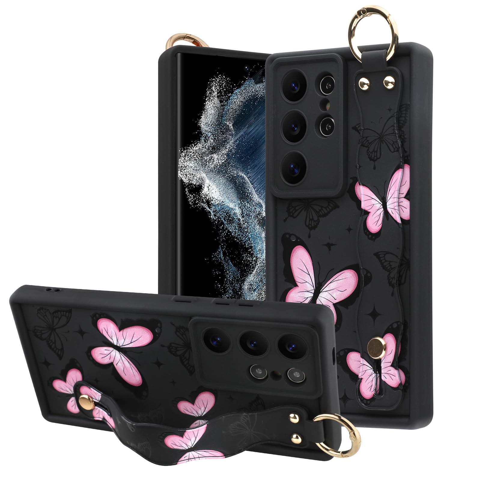 Coque Samsung S22 Ultra papillon rose avec dragonne en TPU - 6