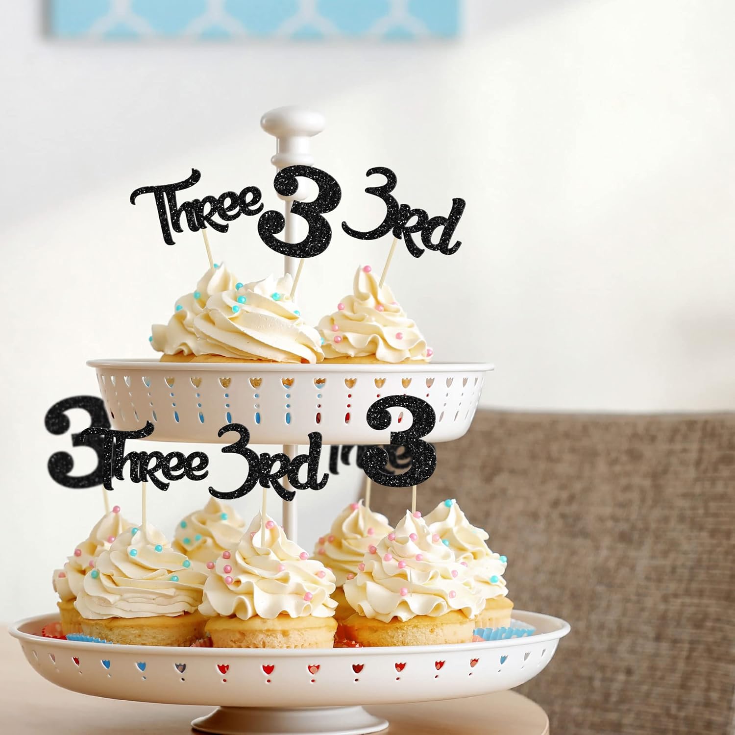 24Pcs 3rd Birthday Cupcake Toppers Glitter Third Three Picks for Baby Shower Anniversary Party Cake Decorations Supplies Black - Image 6