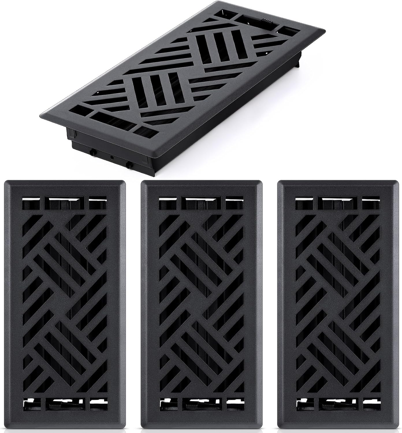 Blulu 4 Pack Floor Register 4" x 10" Black Vent Covers, Decorative Steel Floor Vent Covers, Diagonal Pattern for Easy Air Flow, Adjustment Damper Rust Proof Finish for Home Decor