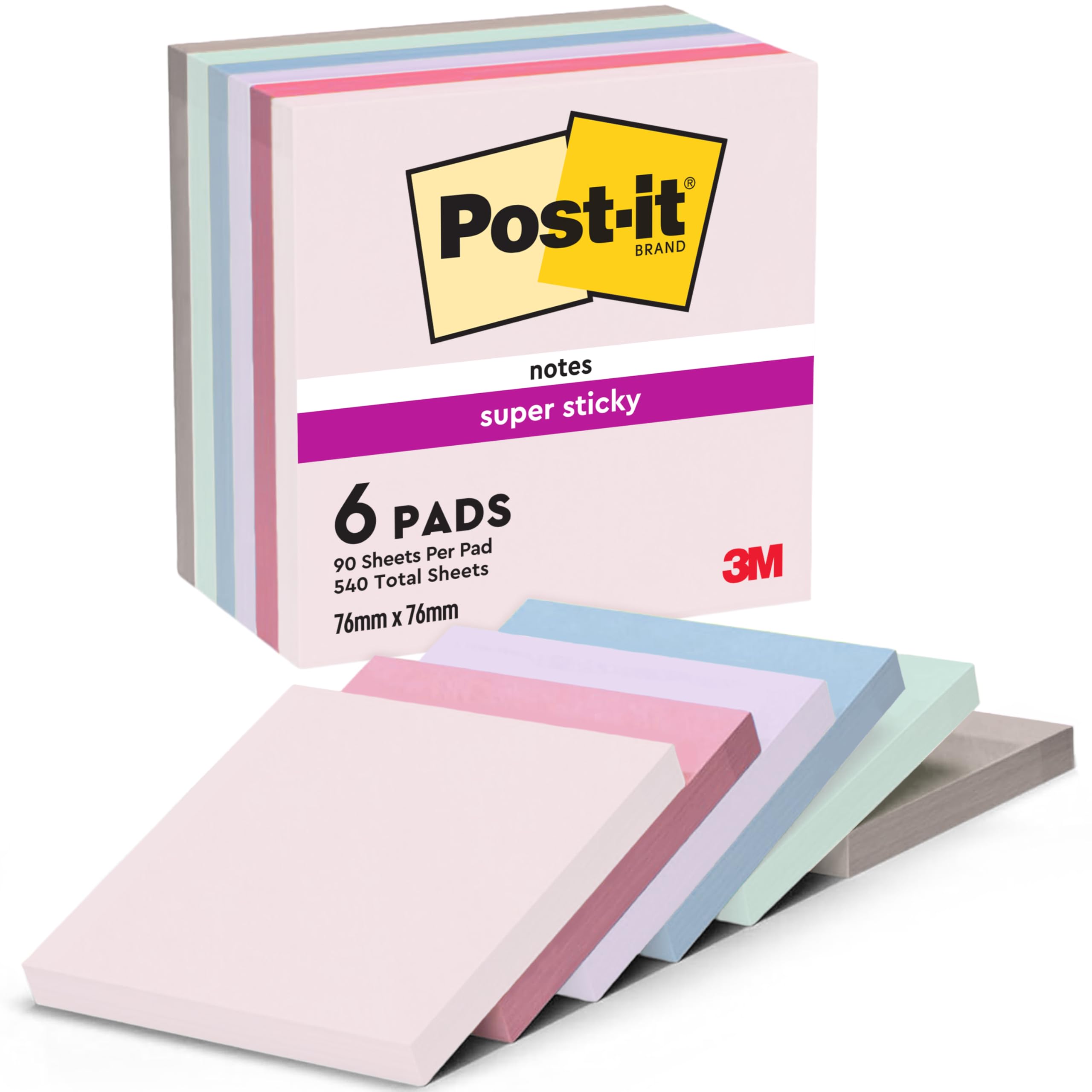 Post-it Super Sticky Notes, Double The Sticking Power, 6 Pads, 540 Sheets, 76 mm x 76 mm, Blue, Green, Grey, Pink, Purple Colors - Self-Sticking Notes for Walls, Monitors and Fridge