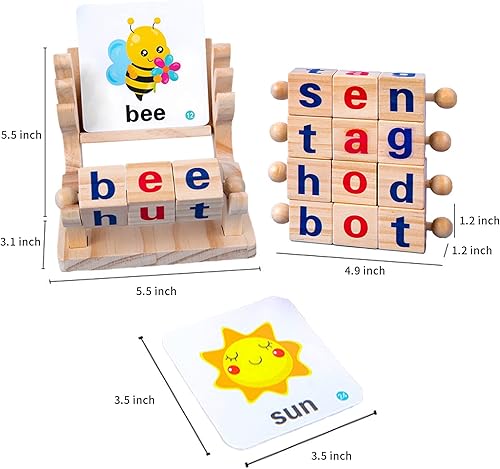 Miniatura 2 de Bloques de lectura de madera, juguetes Montessori para girar, vocal corta, juguete giratorio de letras a juego para niños, juguete de ortografía de