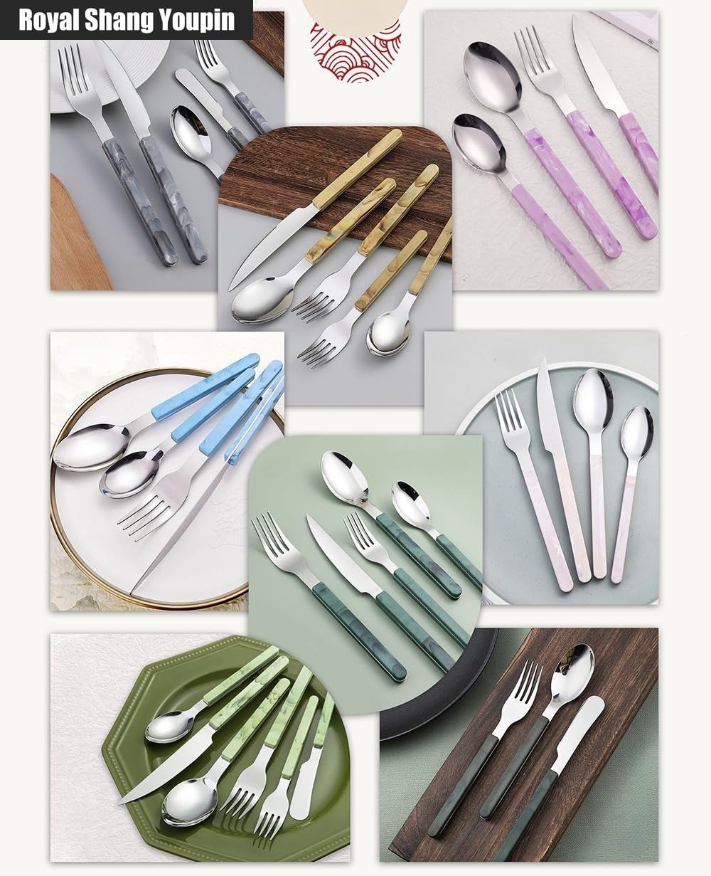 Retro Stile Cinese PP Maniglia Da Cucina in Acciaio Inox Argenteria Da Tavola Posate Set Di Posate Coltello Da Bistecca Forchetta Cucchiaio Cucchiaino (Blu,24 pezzi)