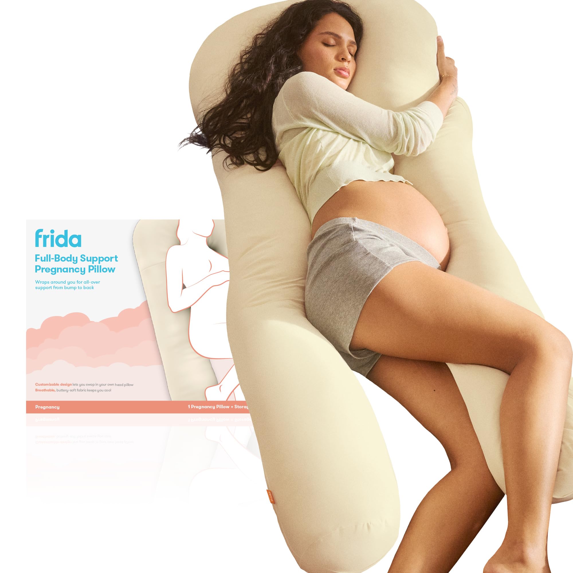Frida Mom Full Body Support Pregnancy Pillow, Cooling Pregnancy Pillow, Wraps Around for All Over Support, Extended Length to Support from Head to Toe, Easy to Clean, Compact Storage Bag, Ivory - 1