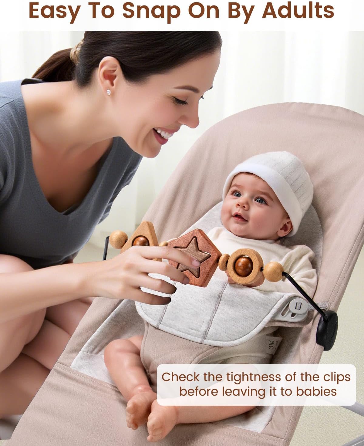 TinlyFinly Baby Bouncer Toy Bar Wooden Compatible with Baby Bjorn, Bouncer Toy Attachment Tight and Secure Fit, So Fun to Watch, Touch and Spin for Babies All Ages - Geometric Shapes