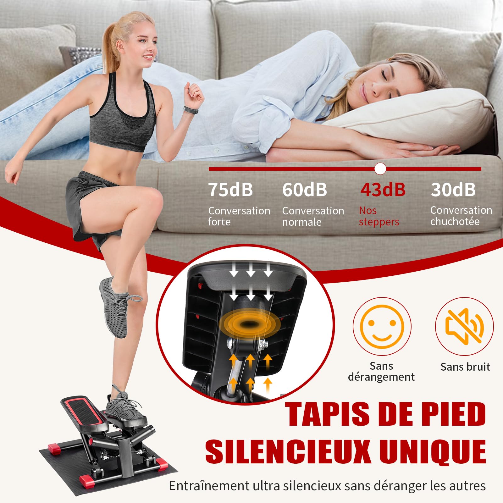 LEADZM Mini Stepper avec Coussinet Silencieux, Stepper de Fitness 2 en 1 avec Bandes de Résistance, Écran LCD, Compteur de Calories, pour L'entraînement des Jambes et des Bras Fessiers, Noir et Rouge