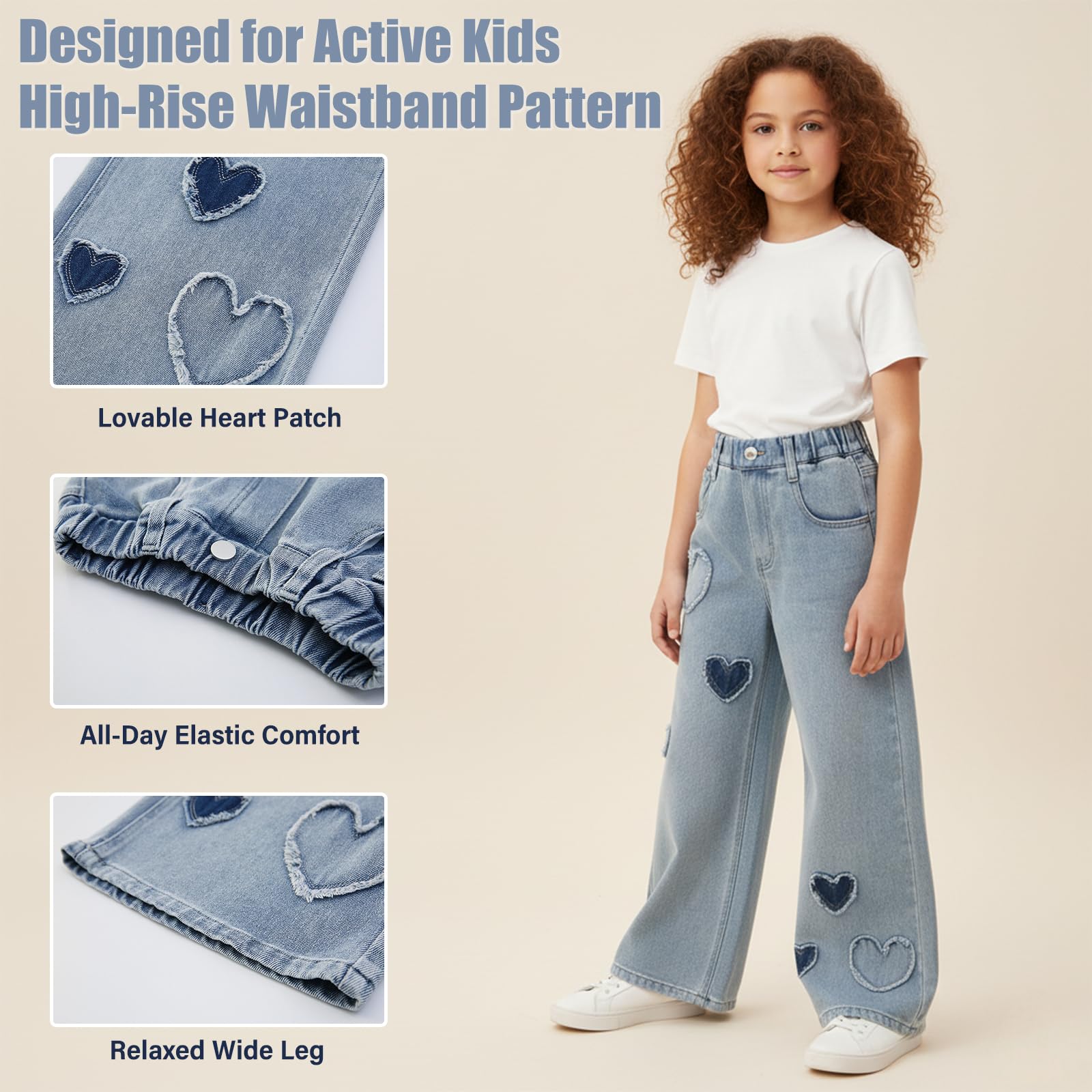 Jeans larghi a gamba larga da ragazza, pantaloni elasticizzati in denim a vita alta, casual, pantaloni hip hop a forma di cuore sciolto per bambini dai 6 ai 15 anni