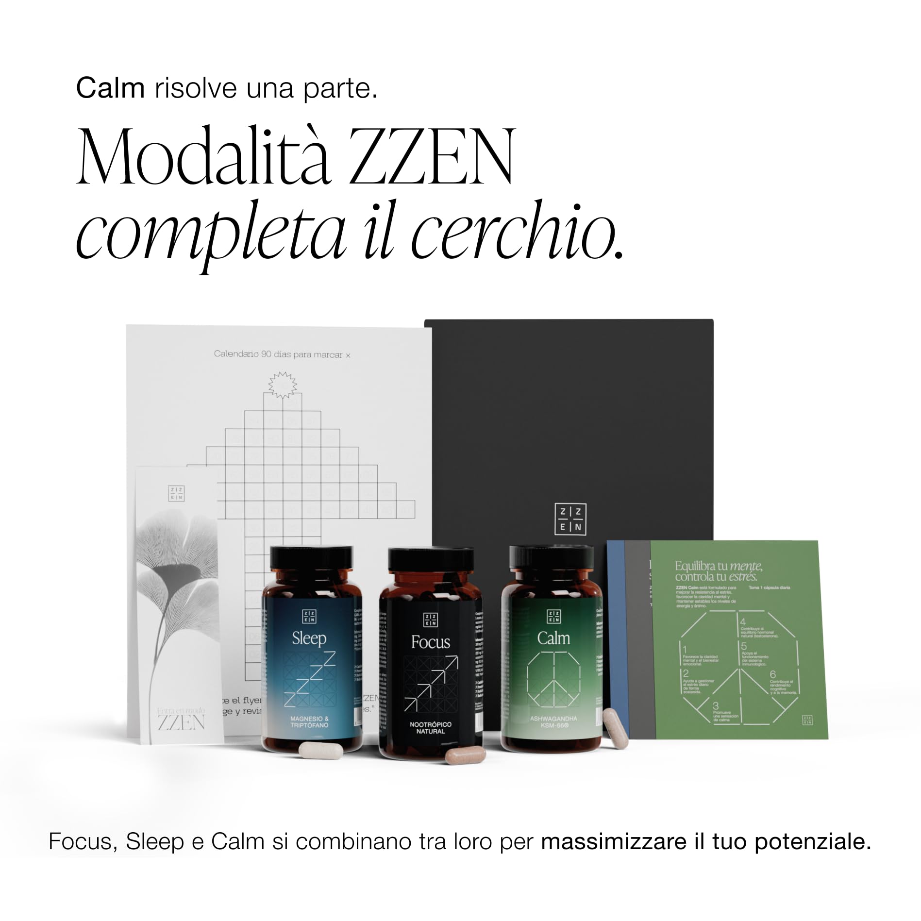 ZZEN Calm - Ashwagandha KSM-66® Vegan da 600 mg con Zafferano e Melissa | 5% Withanolidi, Integratore Ginseng Indiano per Stress, Ansia e Cortisolo Balance, 60 Capsule, Nootropico Calmante