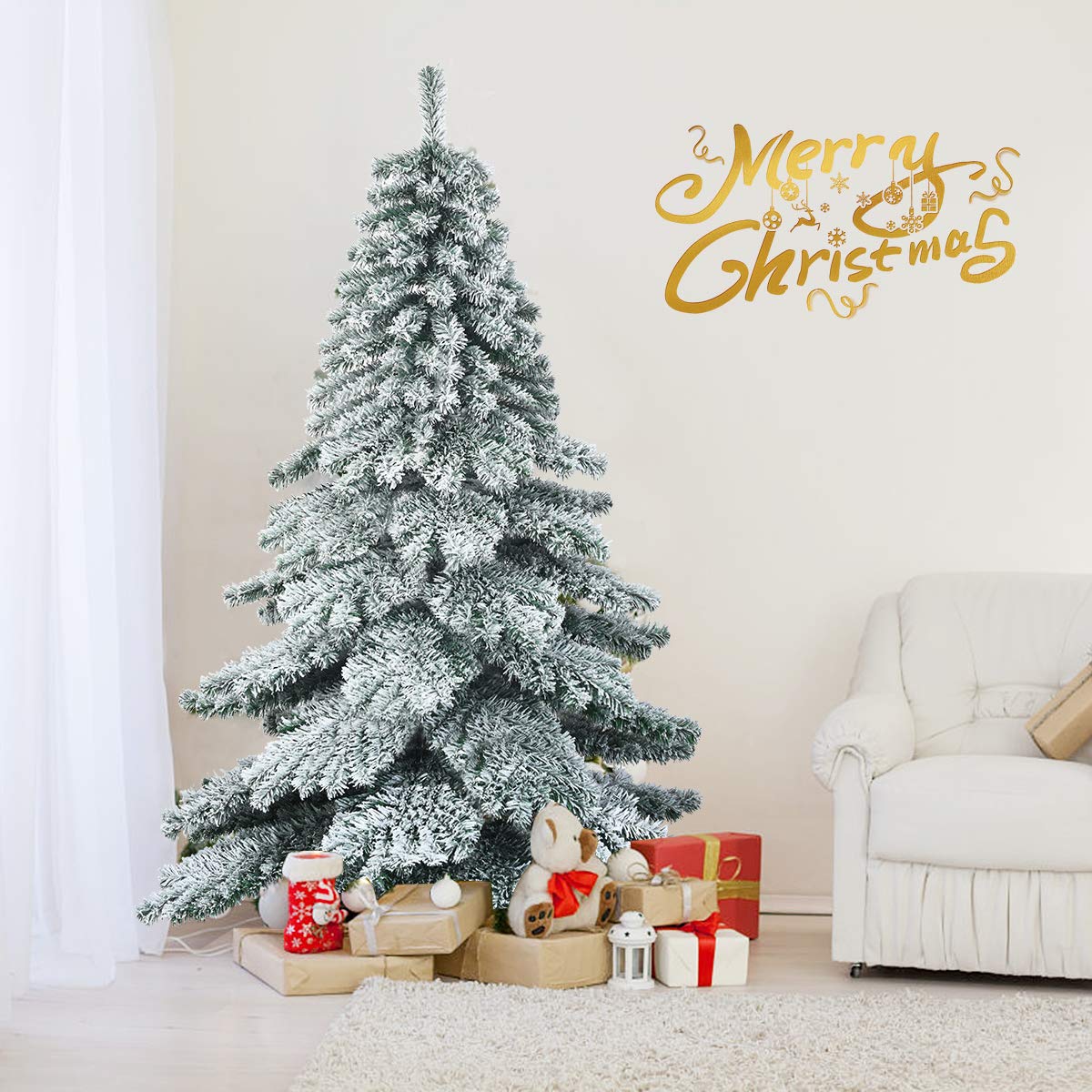 FANTASK Sapin de Noël Artificiel avec Neige - 180 cm - avec Support en métal et système de Pliage - Aiguilles en PVC - pour la Maison et Le Bureau (180 cm)