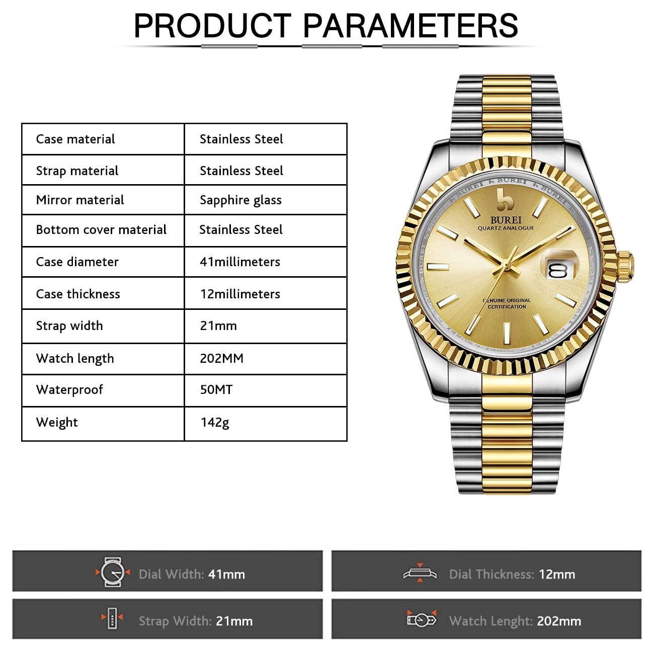 BUREI Ultradünne Herrenuhr – Minimalistisches Analog-Design, wasserdichtes Quarzwerk, Geschenk für Männer (Weiß/blau)