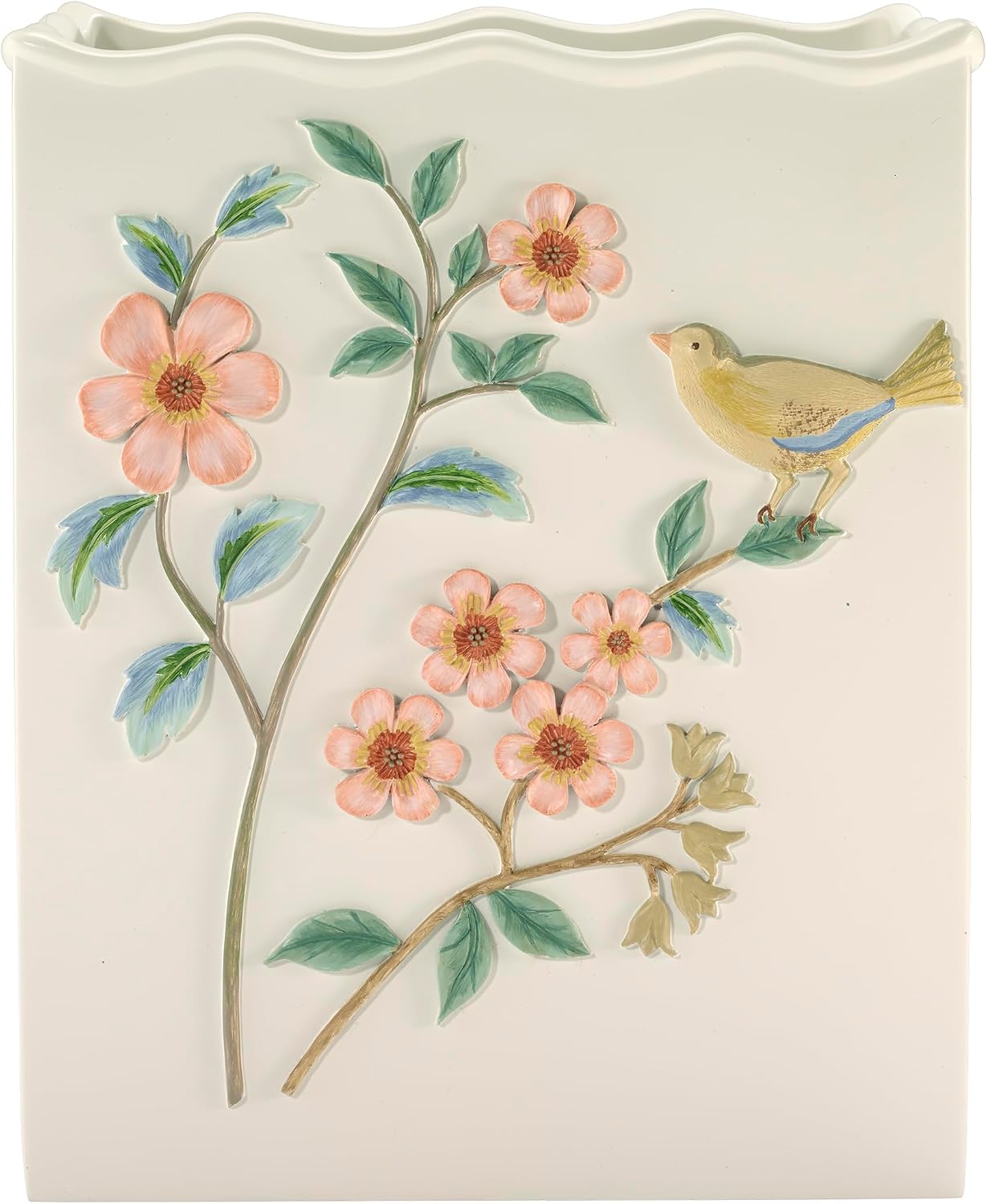 Avanti Linens – Wastebasket, Embossed Hand-Painted Resin with Scalloped Edge, Nature-Inspired Home Decor – Perfect for Bathroom, Bedroom or Office (Pretty Birds)