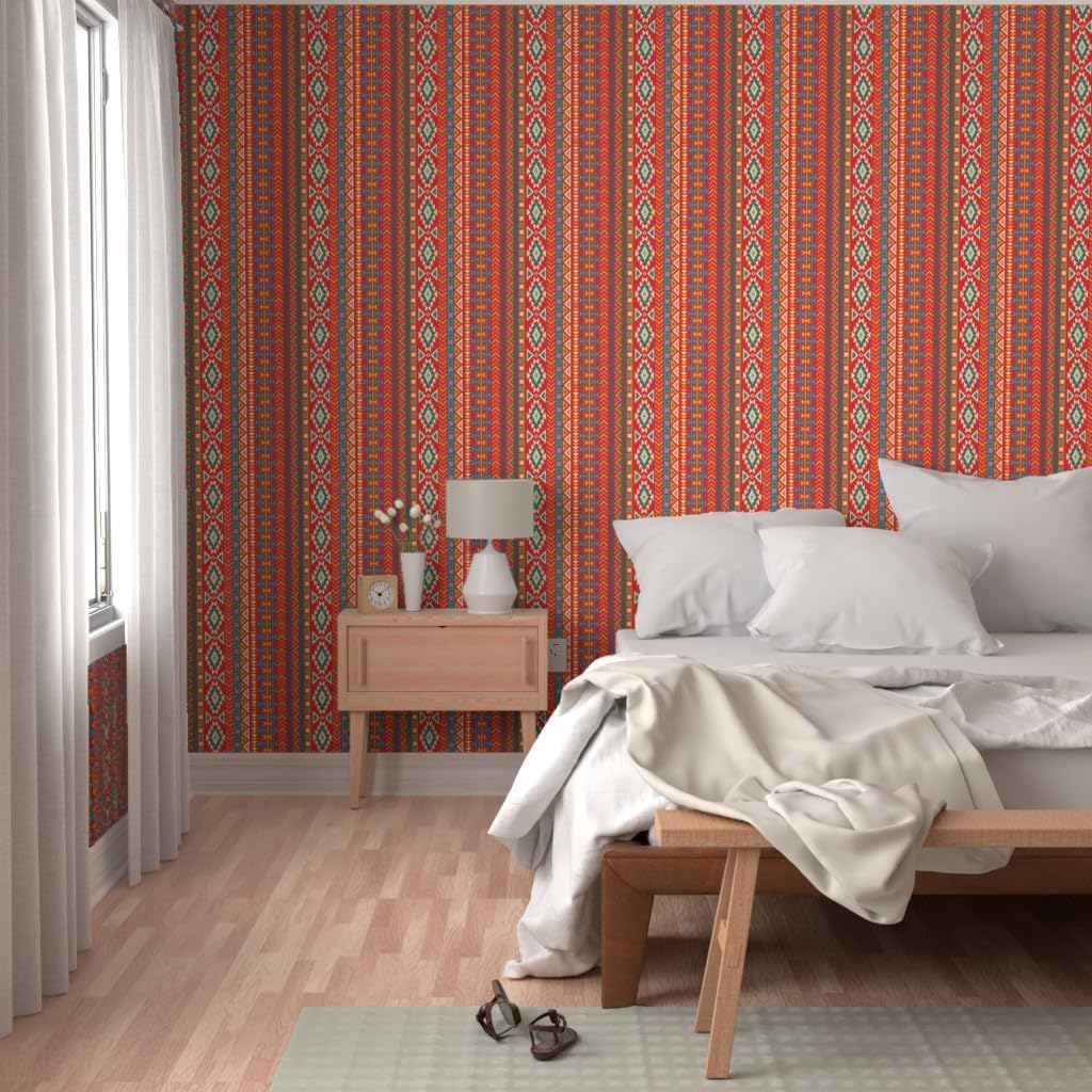 Peel & Stick Wallpaper 6ft x 2ft - Boho American Mexican Southwestern Pattern Hippie Western Red Stripe Vertical Custom Removable Wallpaper by Spoonflower