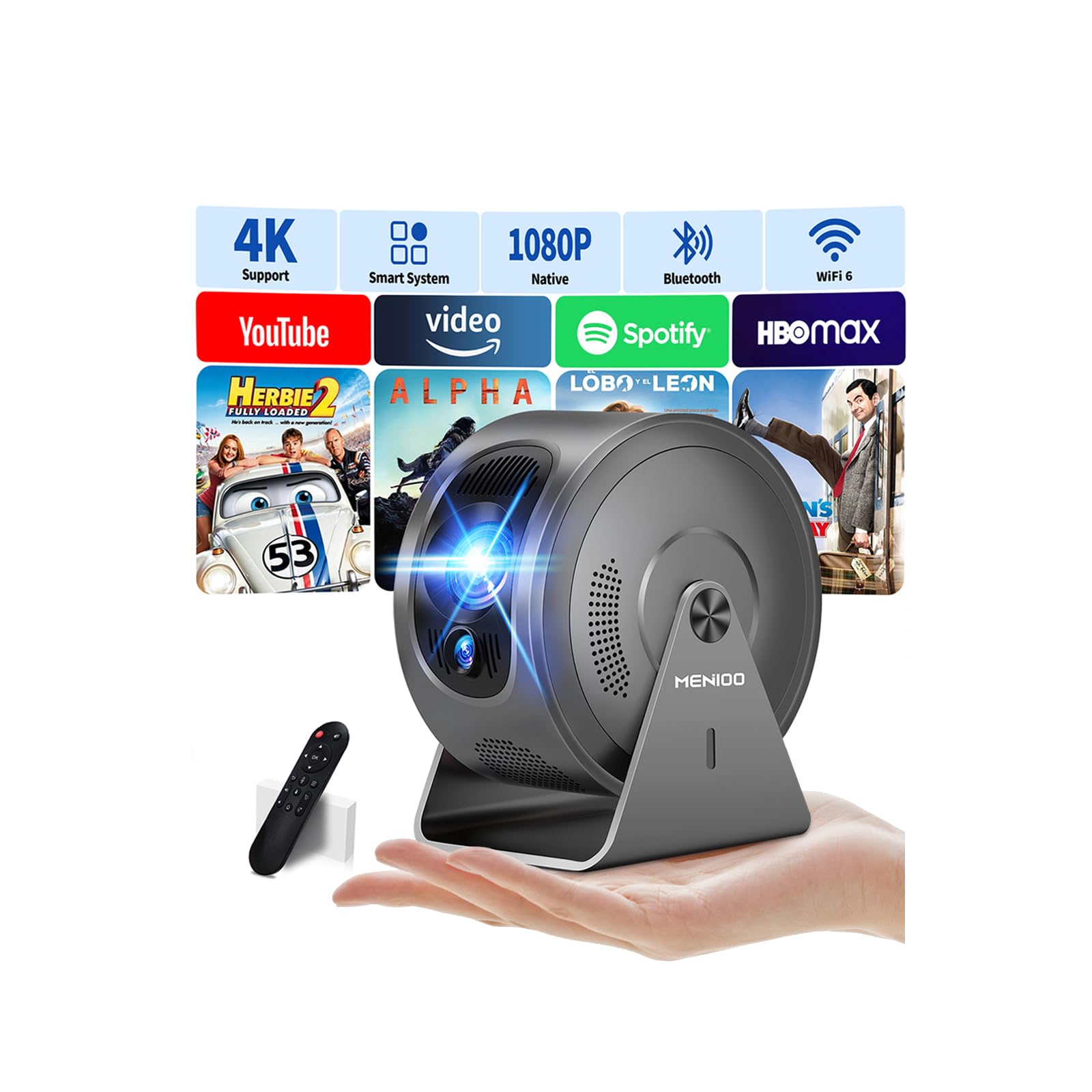 Mini proiettore [app integrate] Proiettore 4K 1080P, 2026 aggiornato Auto Focus & Auto Keystone 360 ° Proiettore portatile con WiFi 6 e Bluetooth 5.4 compatibile con HDMI/TV Stick/USB/laptop, grigio