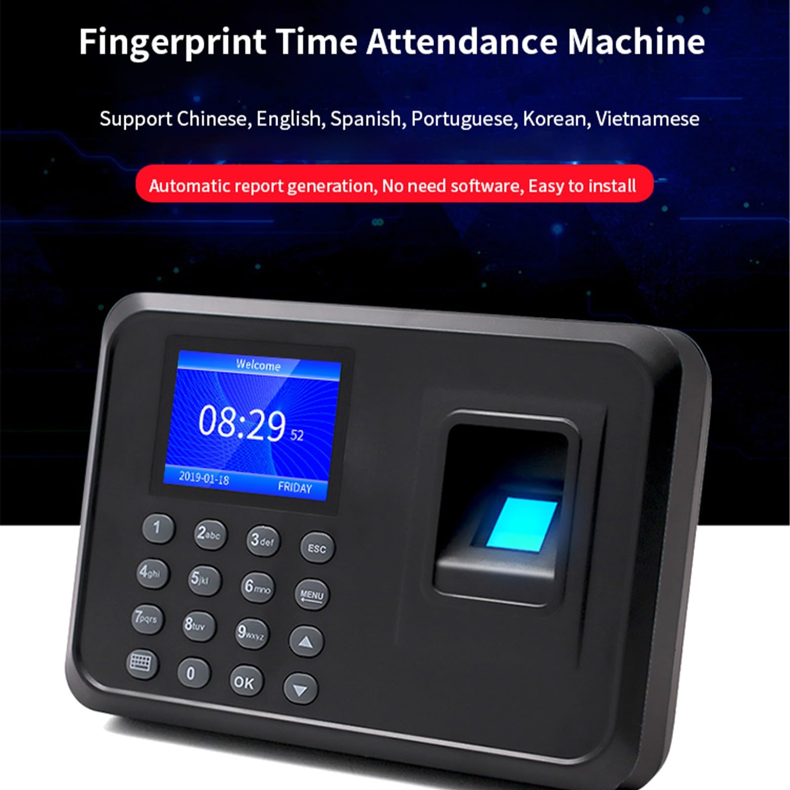 Máquina biométrica de asistencia de empleados, dispositivo de registro de tiempo de huellas dactilares, dispositivo USB de gestión de datos, dispositivo de registro estándar del Reino Unido