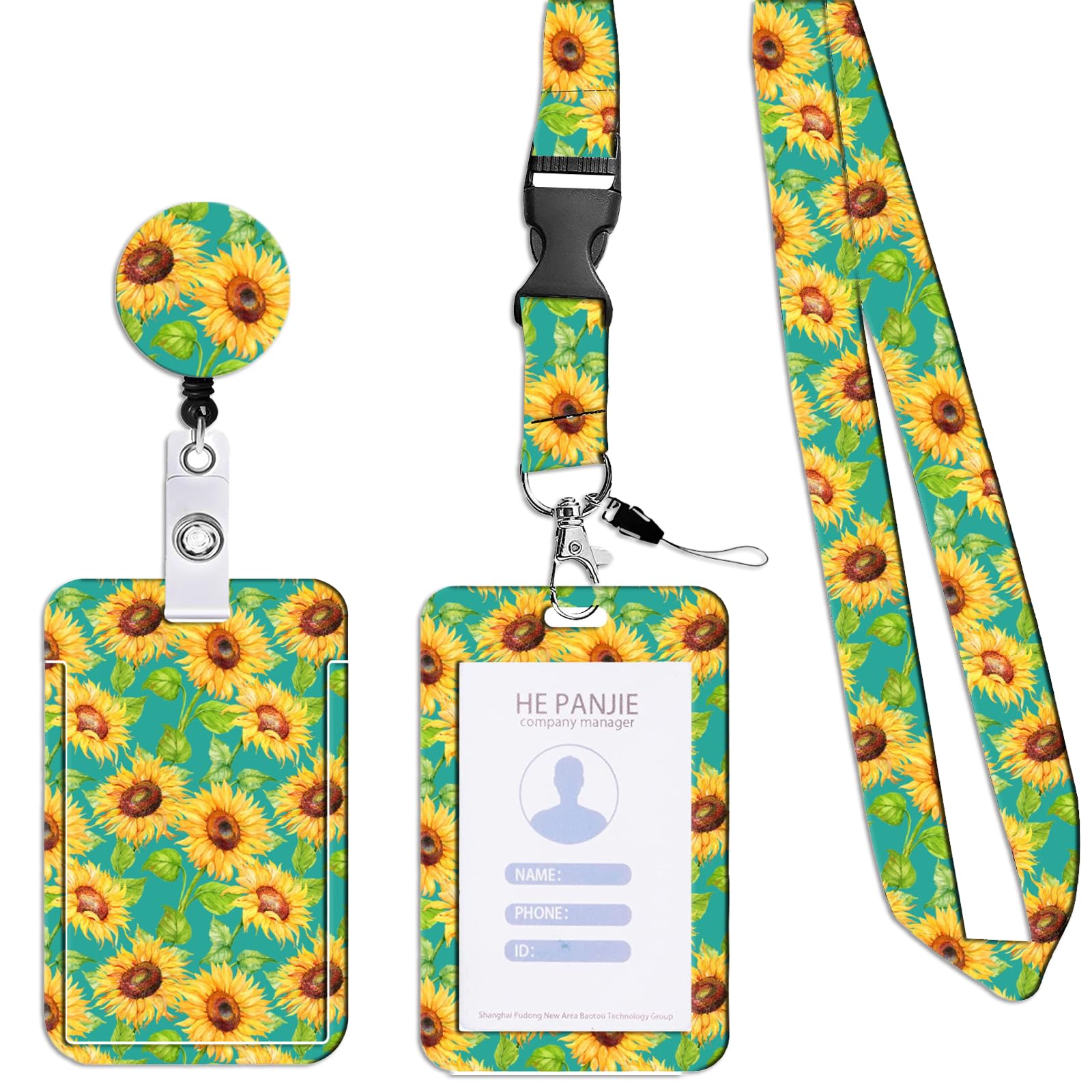 Sunflower Lanyard, Retractable Lanyard with ID Card Holder Badge Reel & Detachable Buckle, for Ships Key Cards, Soft Durable, Personalised Neck Strap for Women Nurse Teacher Disability โ image 1