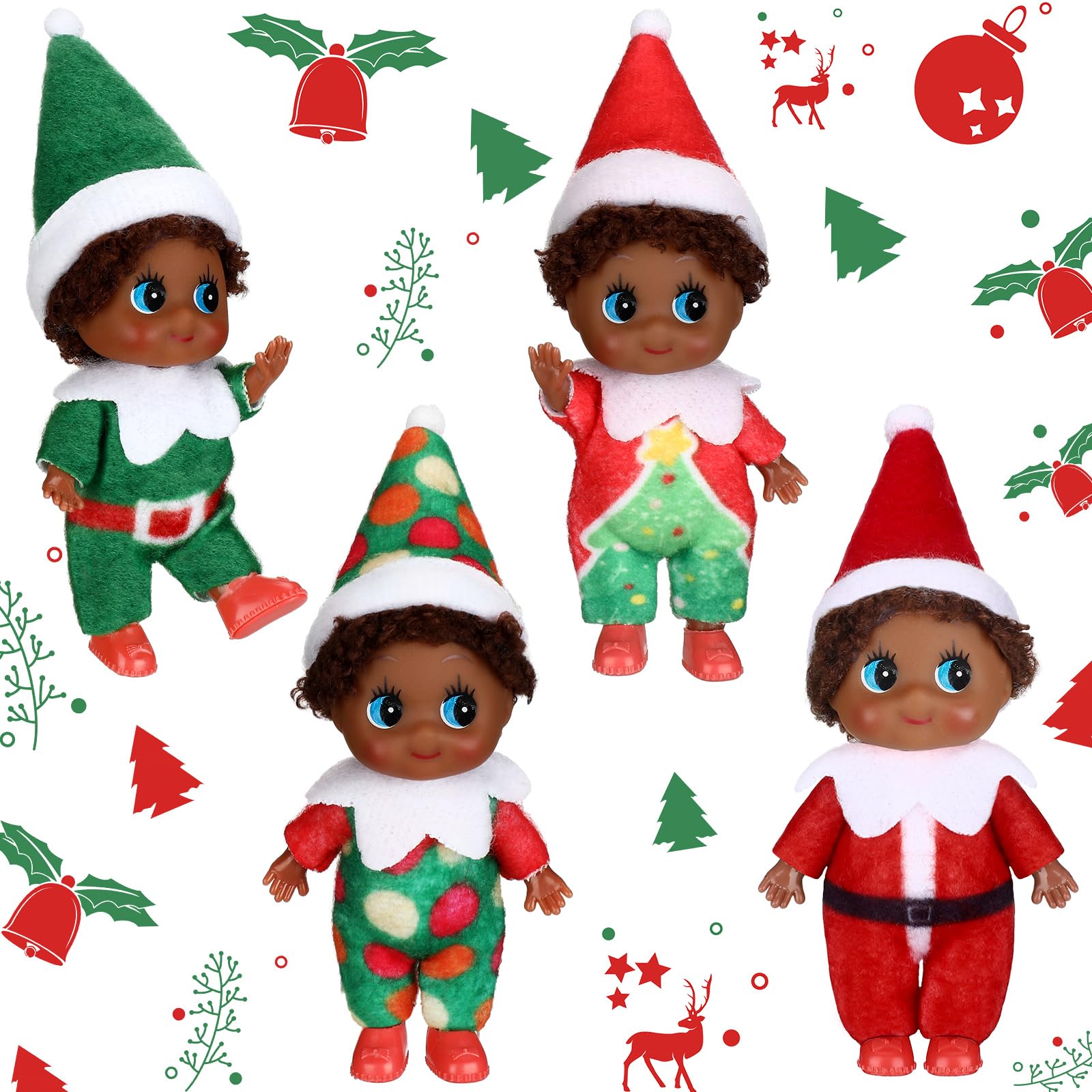 Threan 4 Pcs Christmas Elf Baby Doll Tiny African American Doll Plush Elves Toy Miniature Xmas Twins Doll Colorful Boy and Girl Elf Decoration Accessories for Holiday(Novel Style)