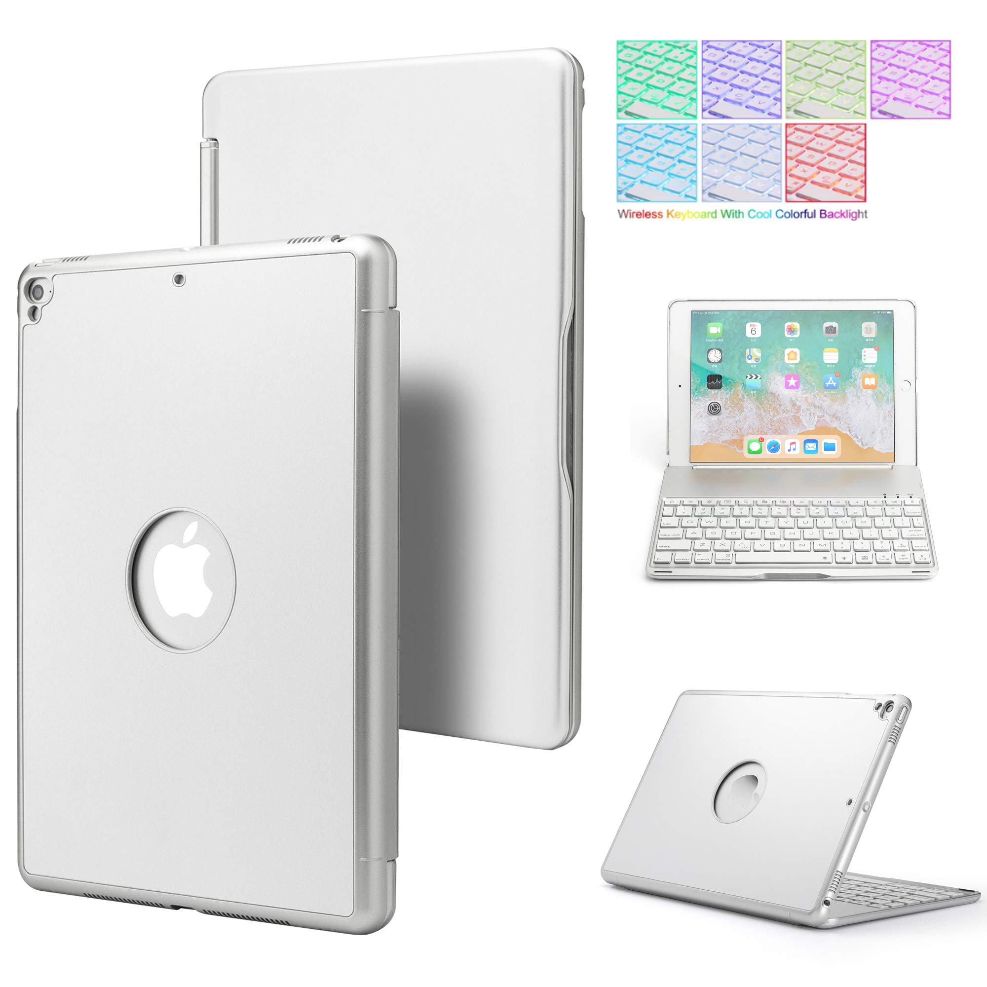 QYiD Keyboard Case 9.7 for iPad 2018 (6th Gen) - 2017 (5th Gen) - iPad Pro 9.7 - iPad Air 2 & 1, 7 Colors Backlight Bluetooth iPad Keyboard with 135° Smart Aluminum Cover, Auto Wake/Sleep, Silver
