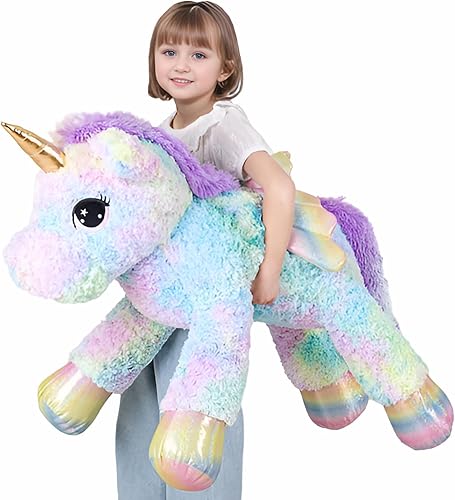 Vista 10 de Almohada de peluche gigante de unicornio de 44 pulgadas, lindo unicornio grande suave con alas de arcoíris, juguete de peluche grande, regalos
