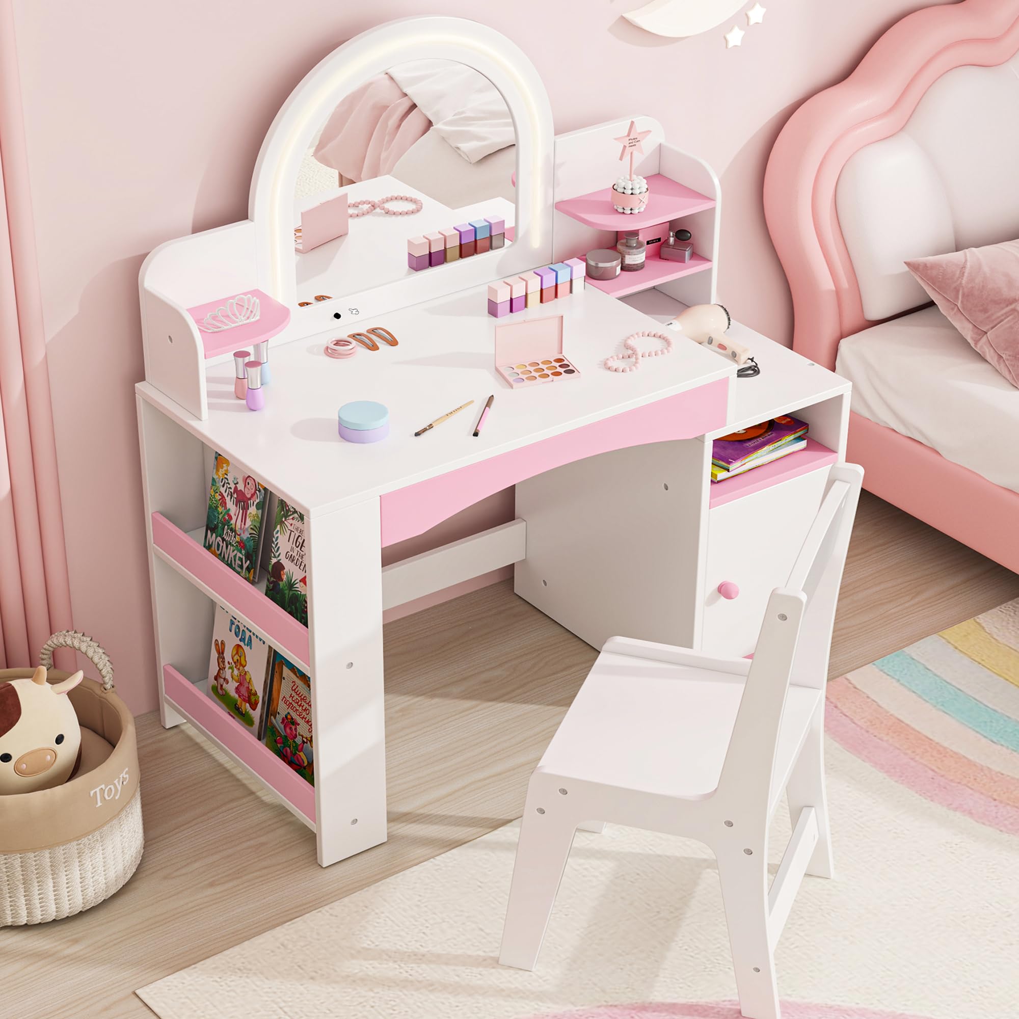 Kids Vanity with Lights, Kids Makeup Vanity with Bookshelf, Enclosed Cabinet and 3-Tier Open Shelves, Little Girl Vanity Table Set with Lighted Mirror and Stools, Toddler Vanity for Girls (White)