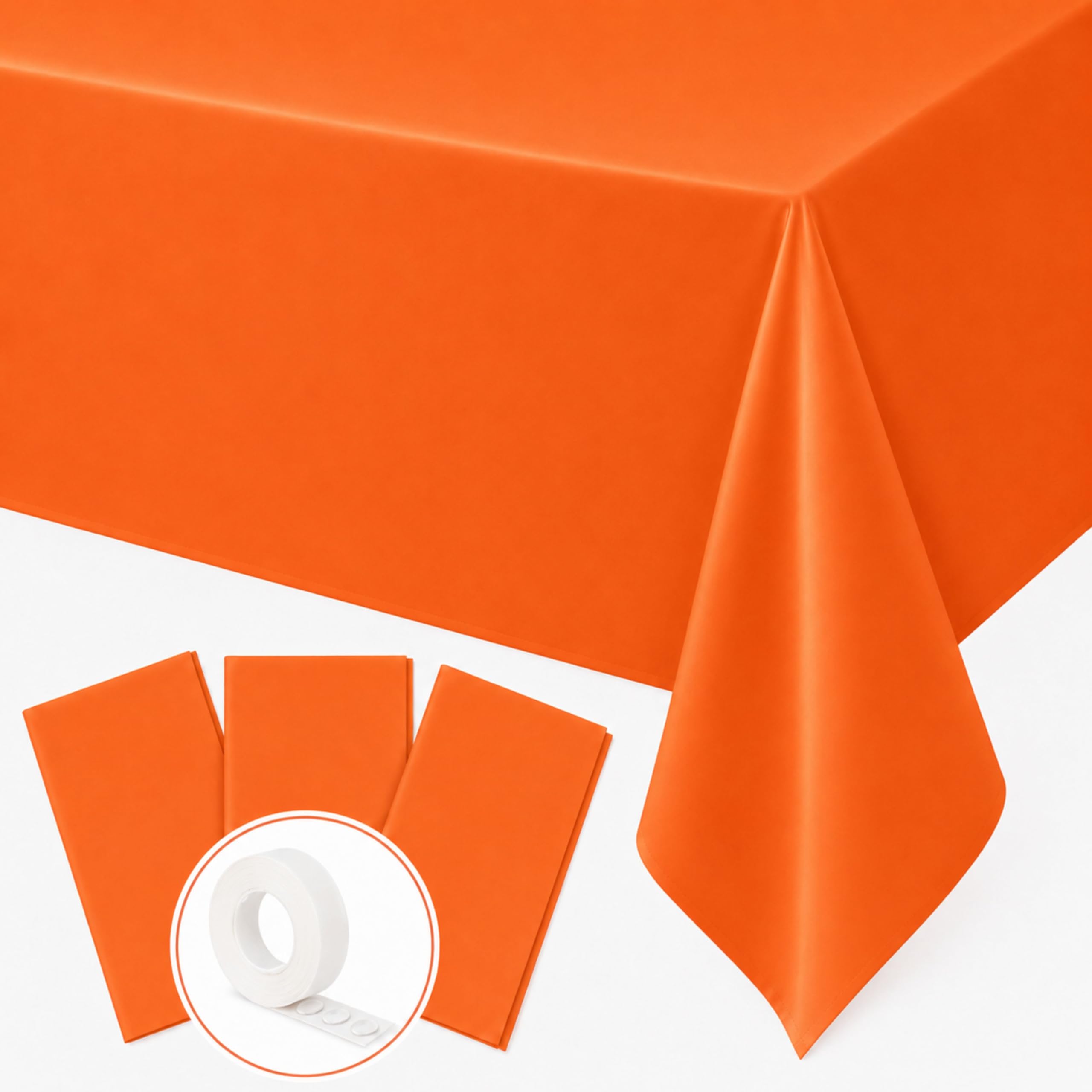 Blue Orchards Orange Plastic Table Cover (Pack of 3 with 20 Glue dots) - 54" x 108" - Waterproof &amp; Disposable Tablecloth for Halloween, Autumn Decoration, Thanksgiving, Birthday Party Supplies