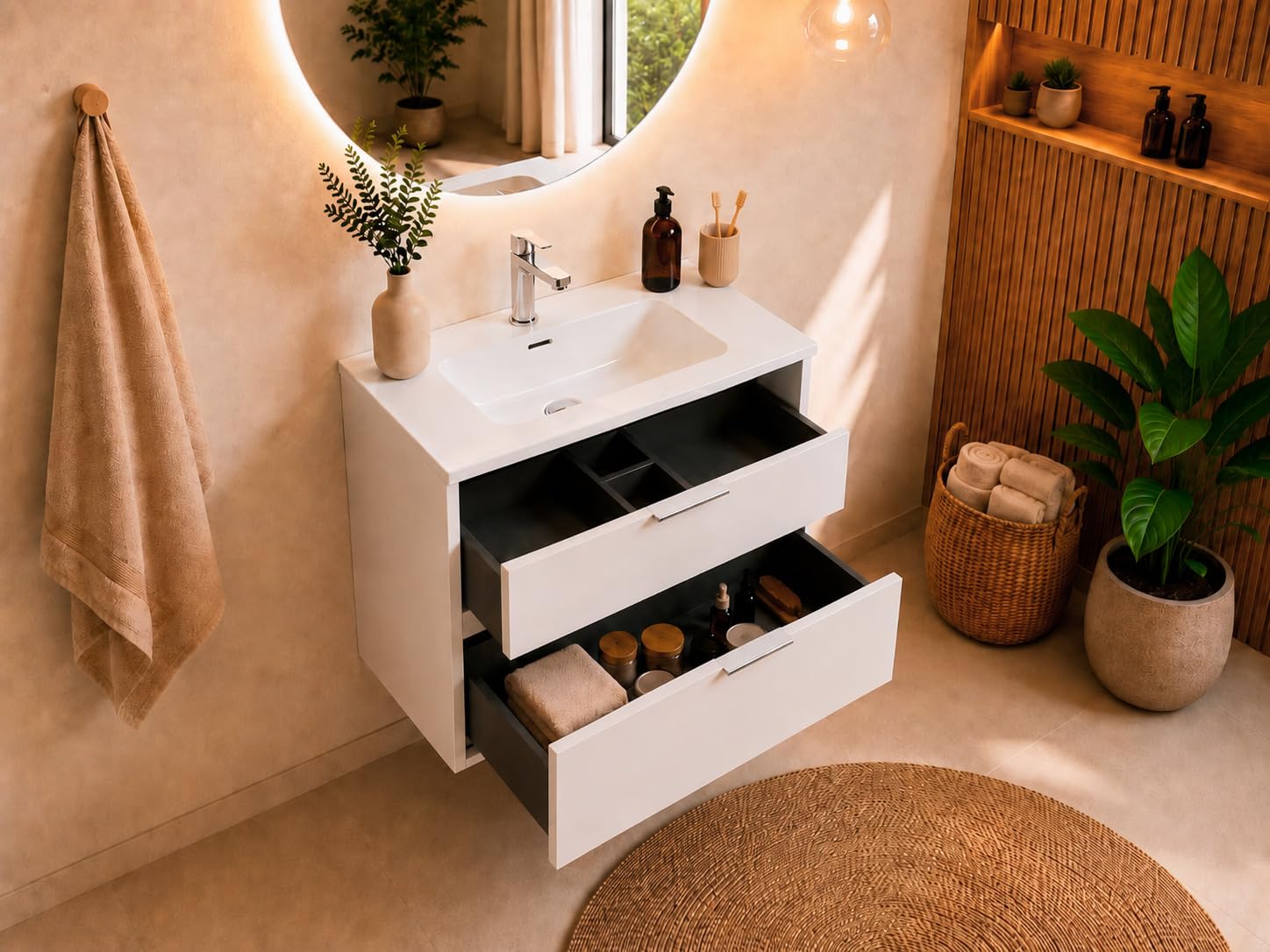 Baikal Mueble de Baño INNA. 50cm Blanco. Incluye Lavabo. Mueble MONTADO. Suspendido 2 Cajones con Cierre Amortiguado.