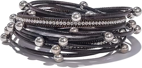 FANCY SHINY Pulsera de cuero con cuentas bohemias, pulseras góticas apilables con cierre magnético