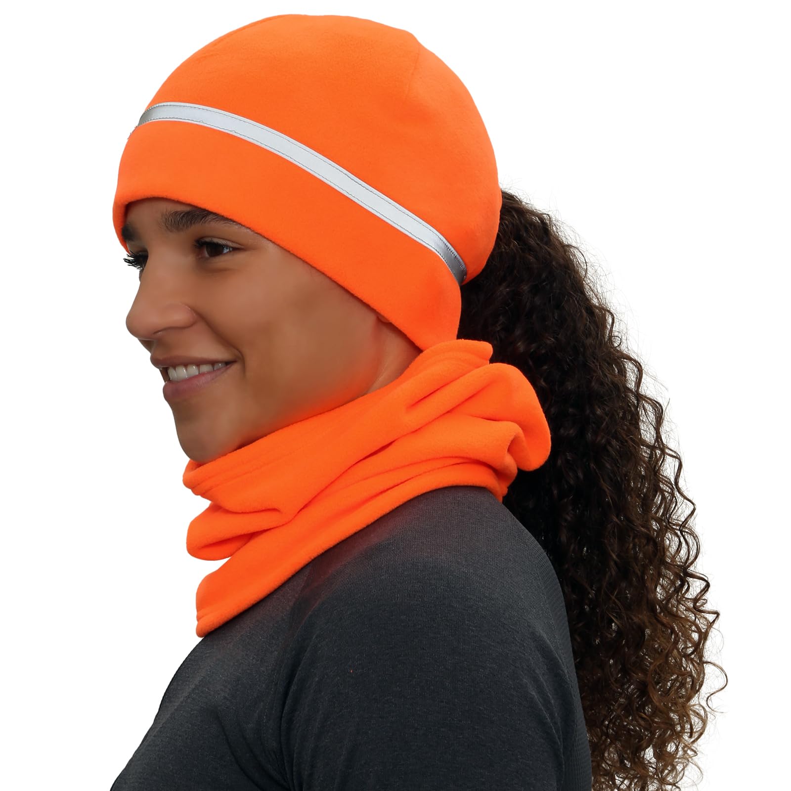 TrailHeads Damen Winter-Set | Reflektierende Pferdeschwanz-Mütze und Micro-Fleece-Halswärmer zum Laufen, Wandern, XC Skifahren