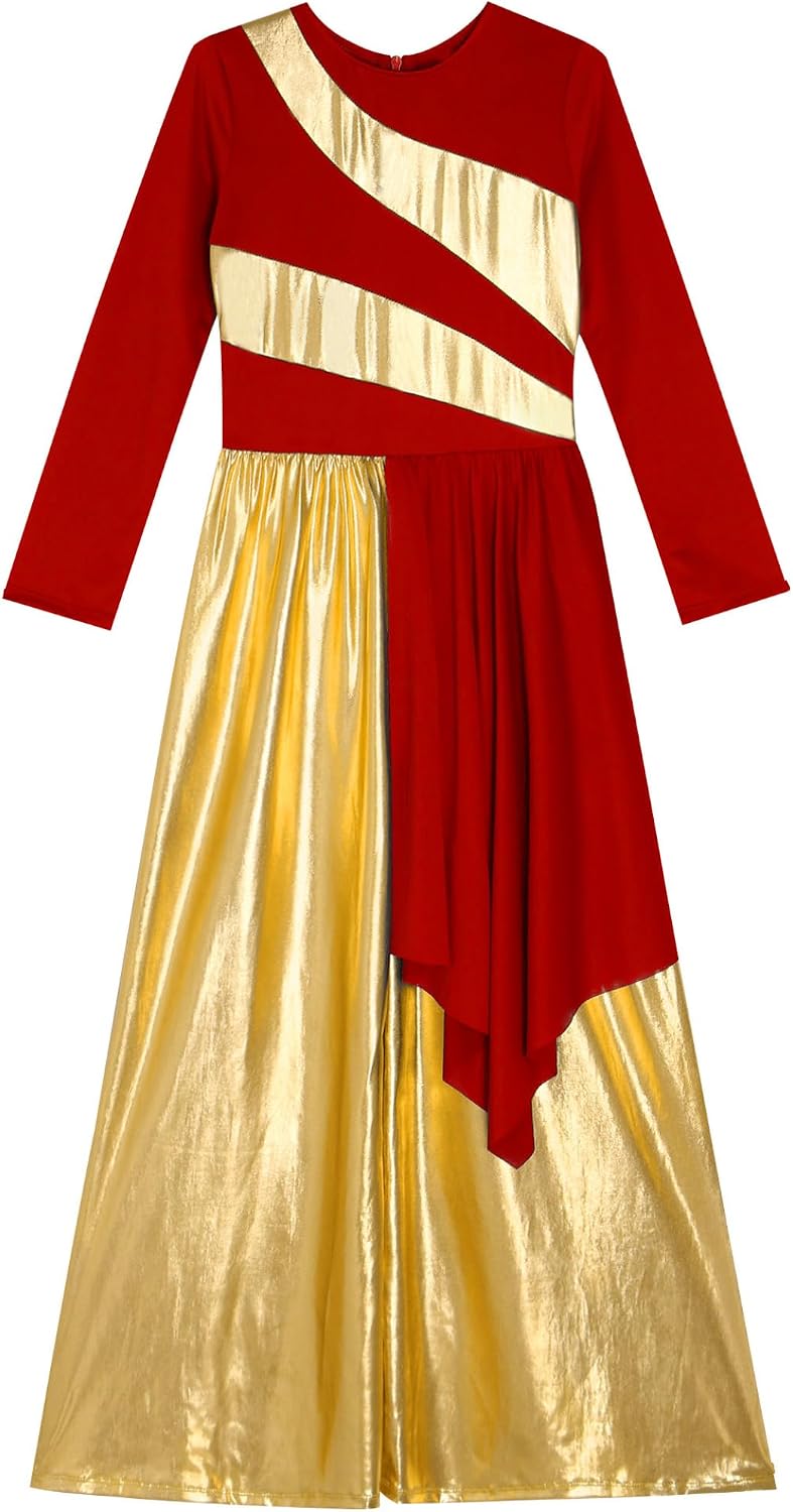 Kids Girls Long Sleeve Liturgical Lyrical Praise Dance Jumpsuit Wide Leg Bodysuit Worship Gown Dancewear