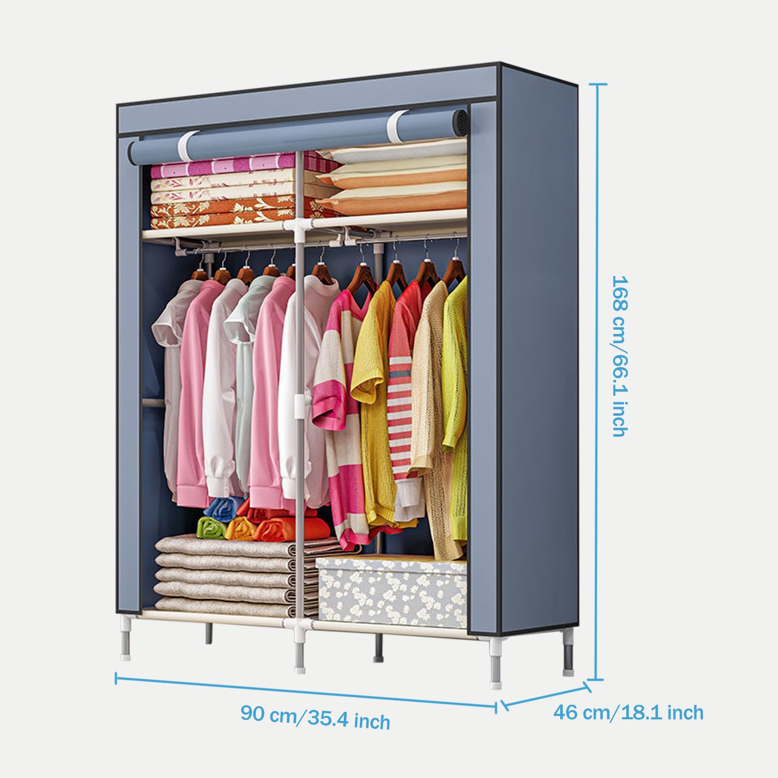 Faltschrank 90x46x168 cm In ASCH GRAU - Mit Reißverschluss Stoffschrank Kleiderschrank, Tragbarer Kleiderschrank, Mit Kleiderstange, Fächern