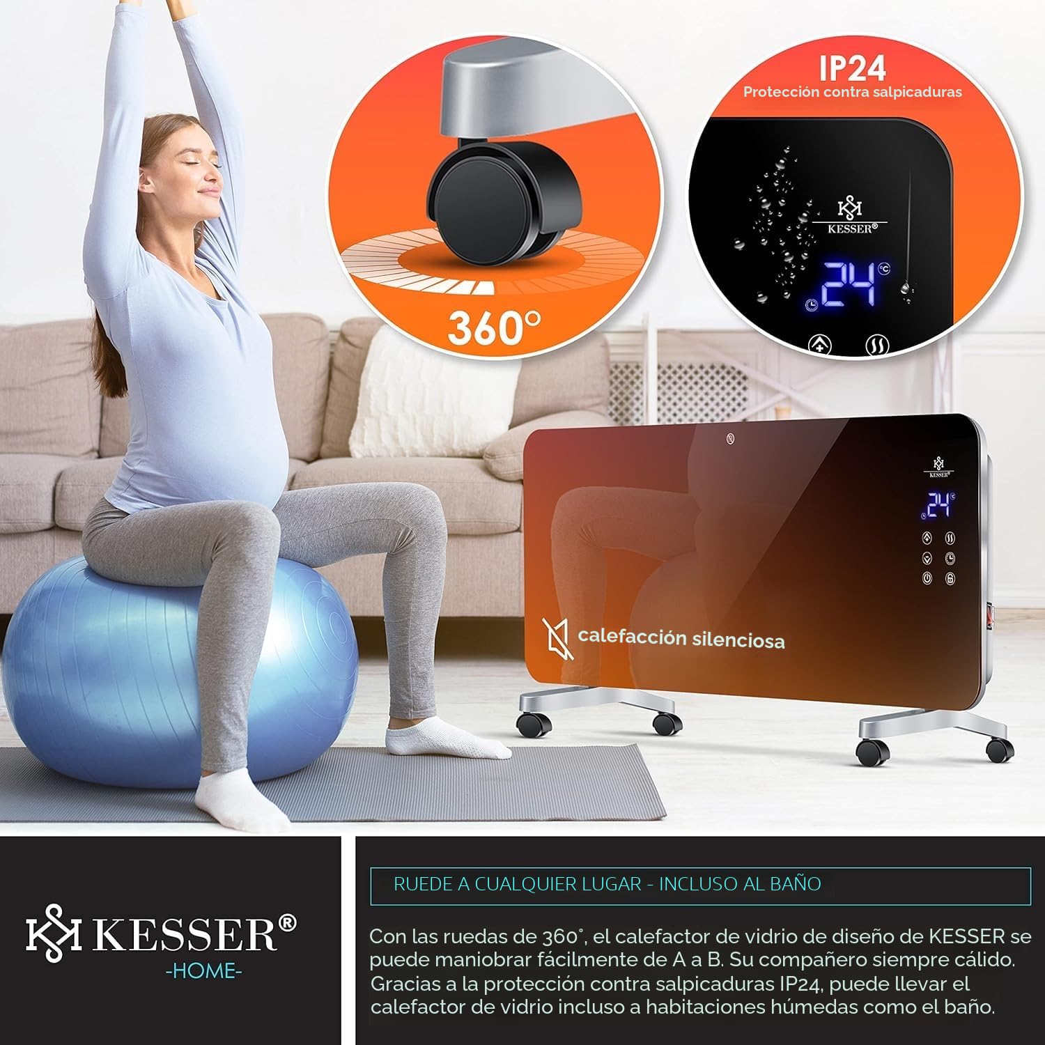 KESSER Calefacción eléctrica de vidrio convector calefacción eléctrica radiador (negro)