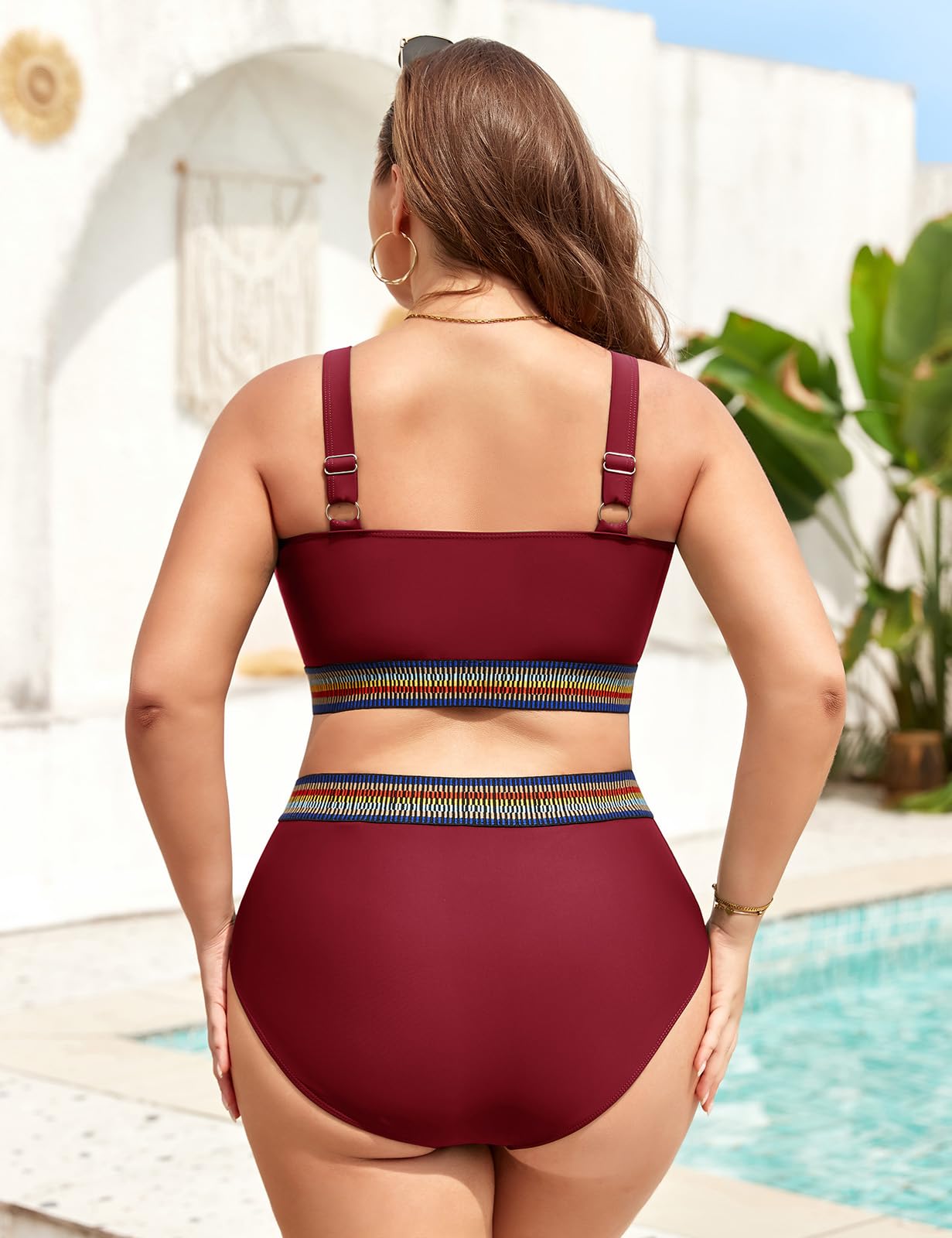 Conjunto de Bikini Mujer Talla Grande Cintura Alta con Diseño Cruzado en Pecho, Aro Extraíble, Tirantes Ajustables y Detalles de Cintas Coloridas, Control de Barriga