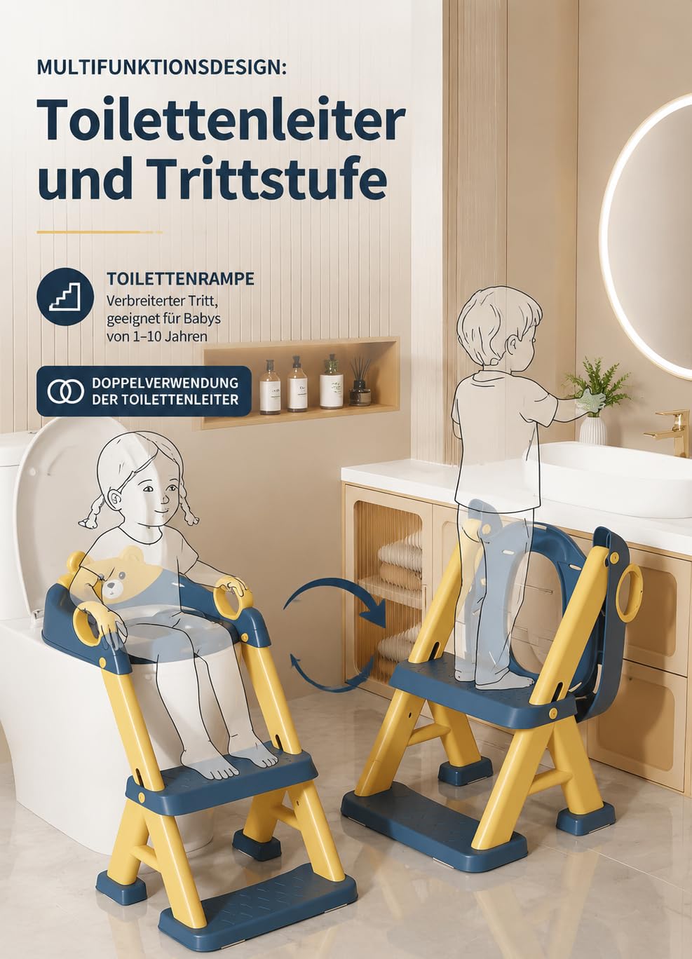 Toilettentrainer für Kinder für Jungen und Mädchen, 2 in 1 Kind Toilettensitz mit Treppe, Spritz und Rutschfestes Trittbrett, 6-stufig höhenverstellbar, PP/TPR/PVC Material，54 x 35 x 20 cm (Blau Gelb)