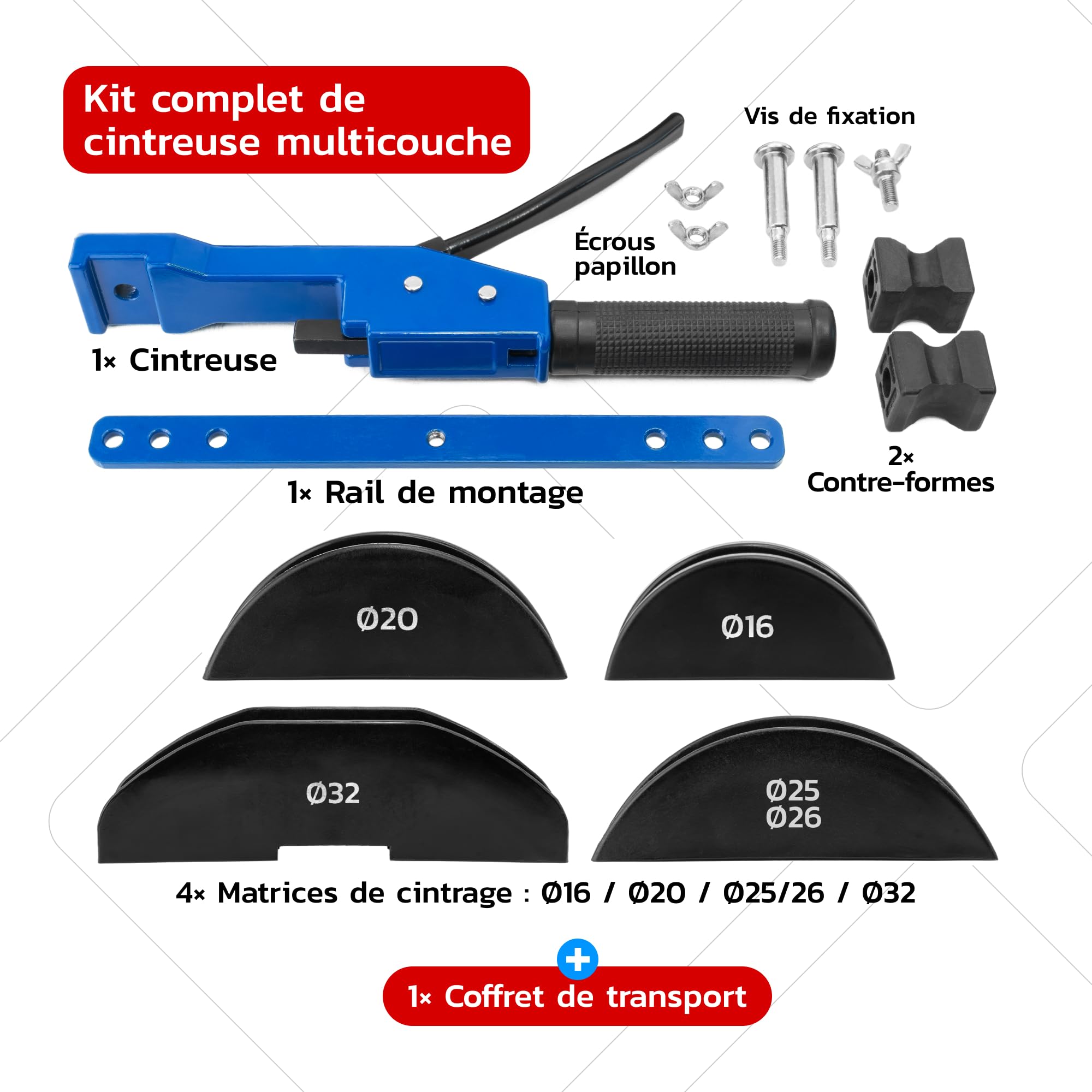 Cintreuse multicouche Ø16/20/25-26/32 mm, arbalète manuelle à 4 matrices | Cintrage progressif jusqu’à environ 90° avec mécanisme à cliquet, pour plomberie et chauffage.
