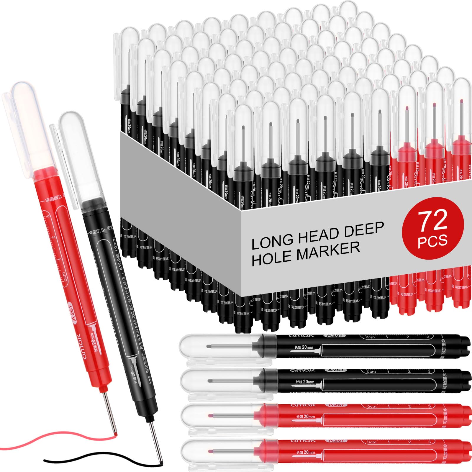 MotiMind 72 Pcs Deep Hole Marker Bulk Long Nib Marker Long Head Waterproof Multi-purpose Deep Reach for Christmas Father Gifts Carpenter Construction