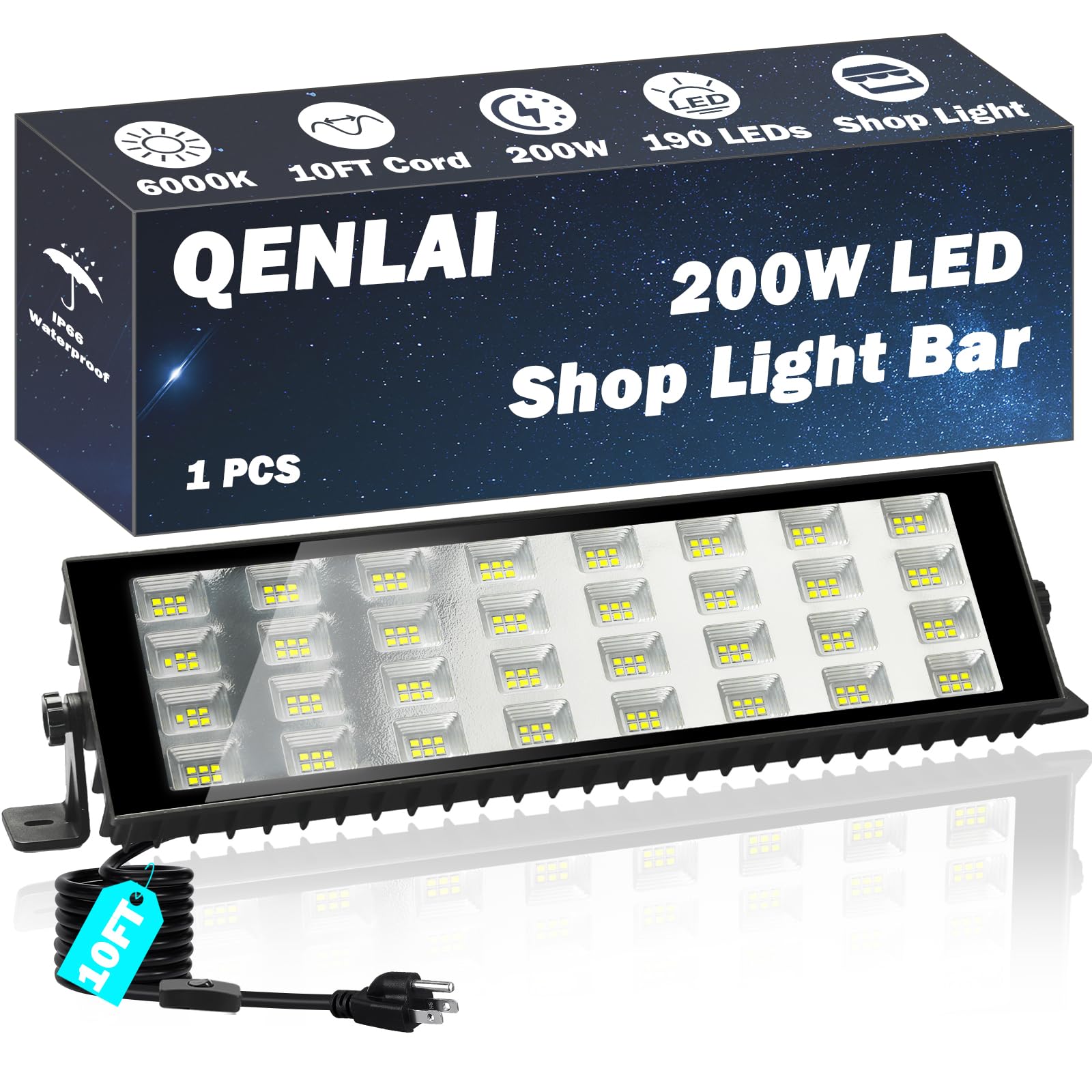 View 1 of **View Clerk Notes**QENLAI 200W LED 6000K Shop Lights, 24000LM Light Bar Pro with 10FT Cord, Daylight Work Light Waterproof White Light for Workshop Garage Warehouse Basement Workbench Carport Indoor/Outoor