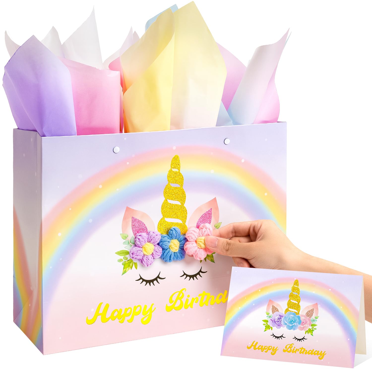 Crisky Unicorn Birthday Bags for Girls with Card & Tissue Paper, Birthday Gift Bags for Kids Baby Daughter Bday Party Decorations Gift Ideas